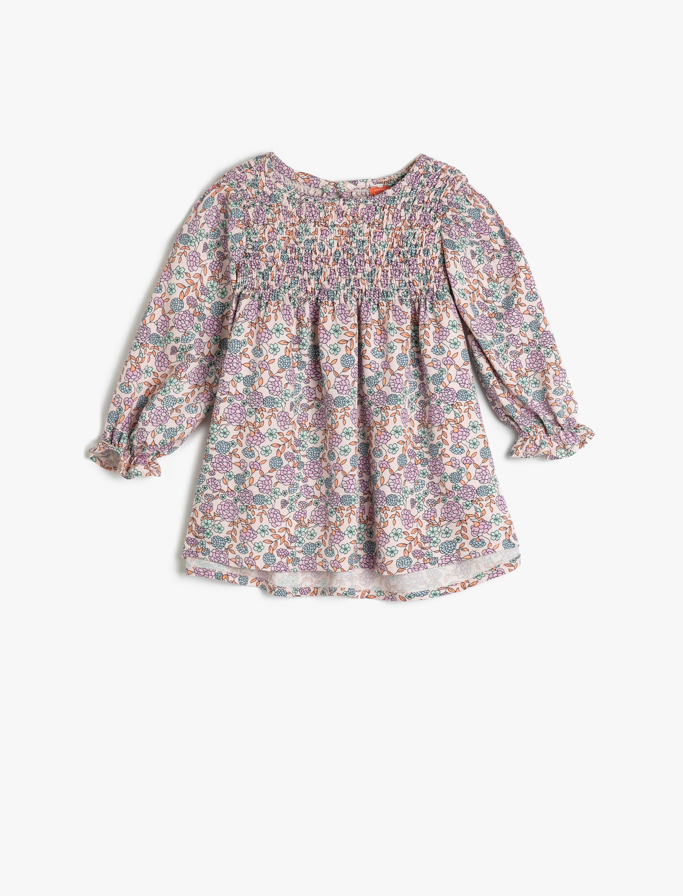  Kız Bebek Elbise Çiçekli Uzun Kollu Fırfır Detaylı Yuvarlak Yaka Pamuklu