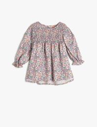 Elbise Çiçekli Uzun Kollu Fırfır Detaylı Yuvarlak Yaka Pamuklu