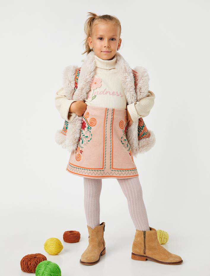 Kız Çocuk Mini Etek Süet Görünümlü Çiçekli İşleme Detaylı Beli Lastikli