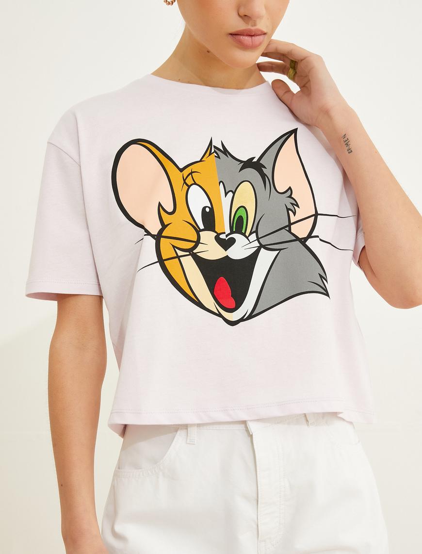   Crop Tişört Tom ve Jerry Lisanslı Kısa Kollu Bisiklet Yaka