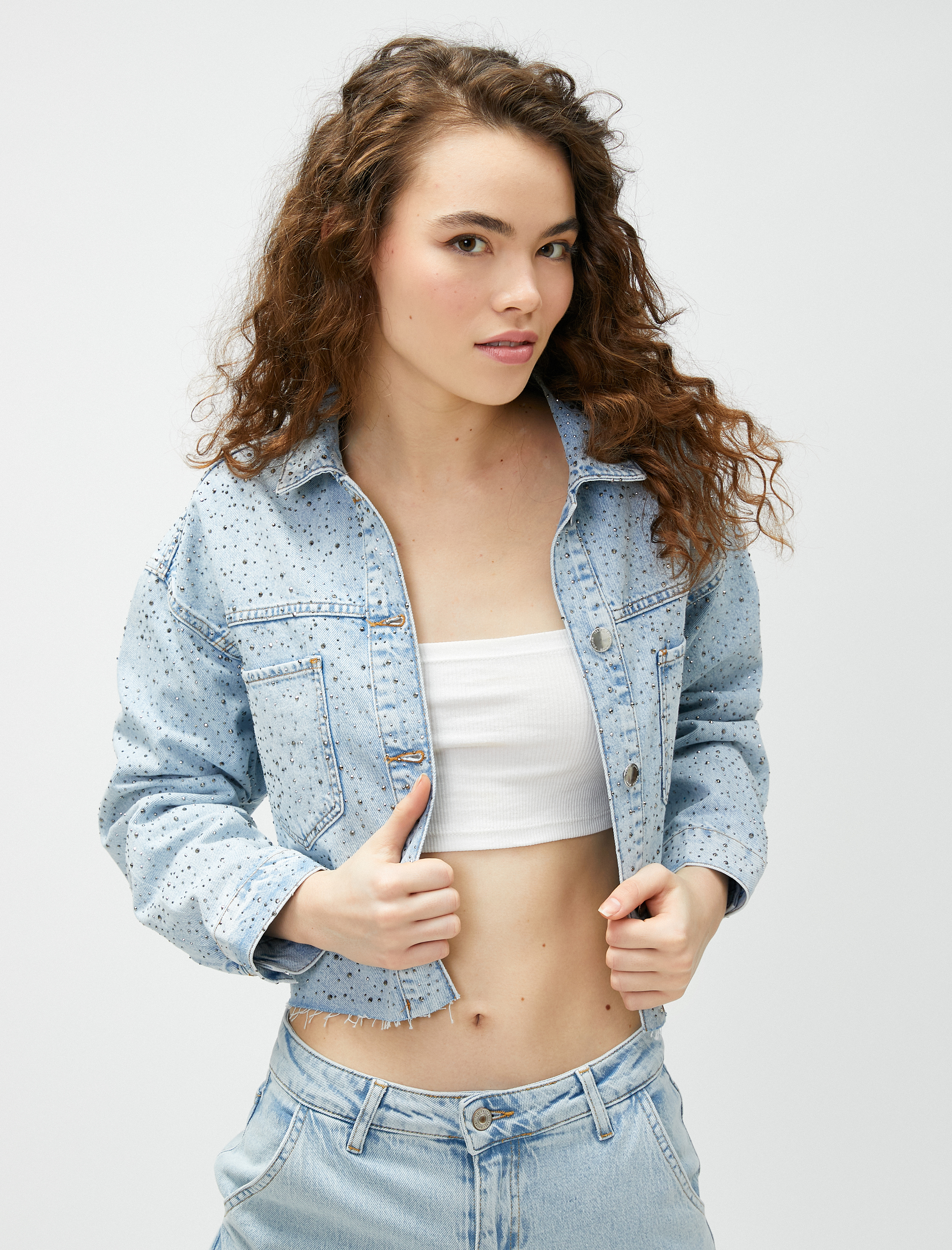   Parlak Taşlı Crop Kot Ceket