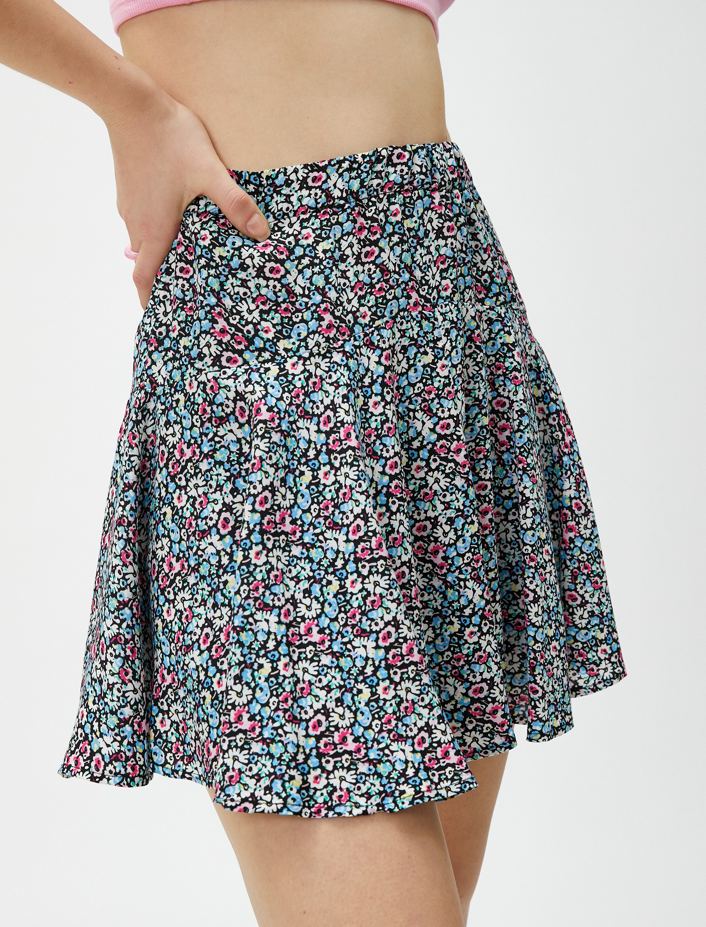   Çiçekli Şort Etek Mini Viskon Beli Lastikli