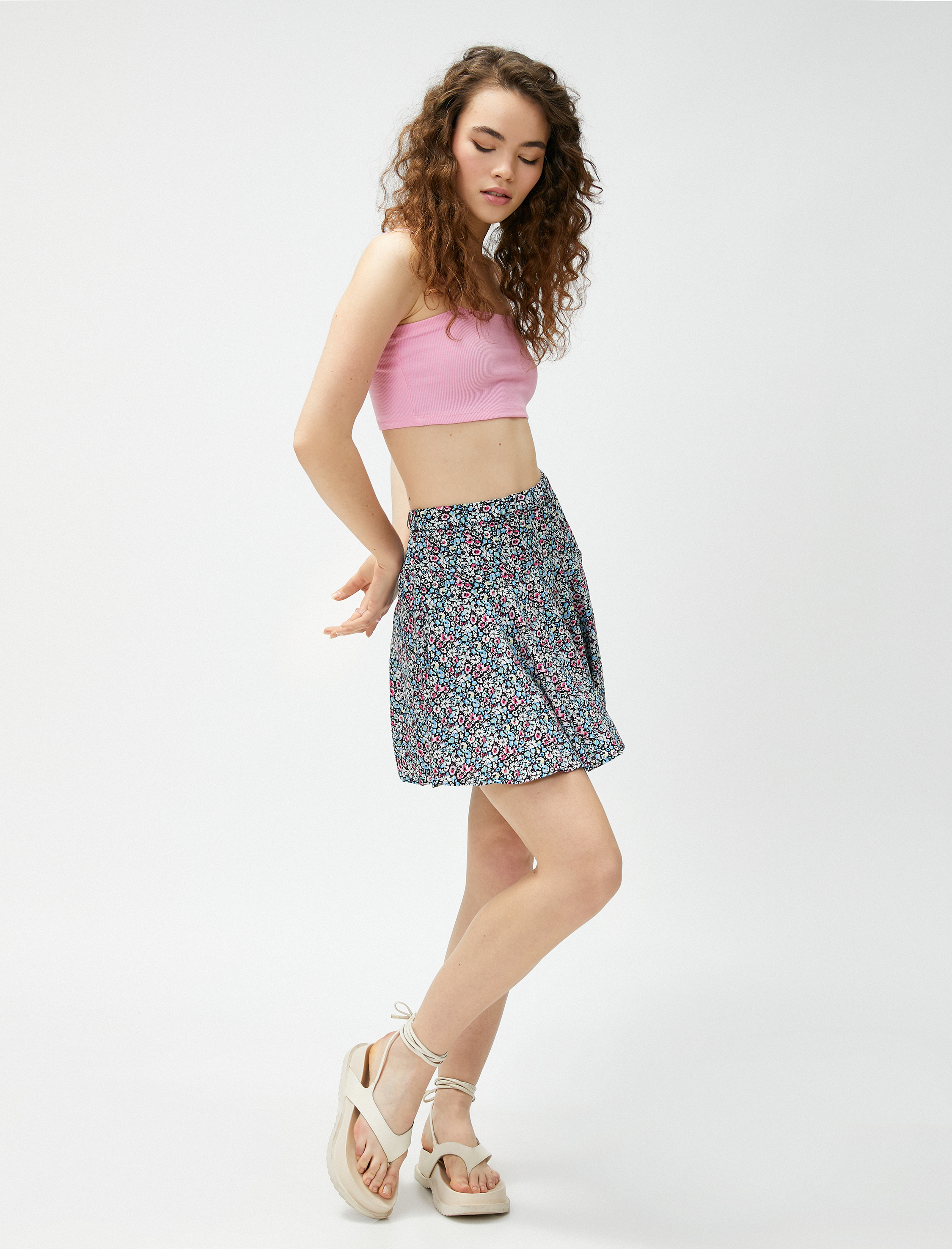   Çiçekli Şort Etek Mini Viskon Beli Lastikli