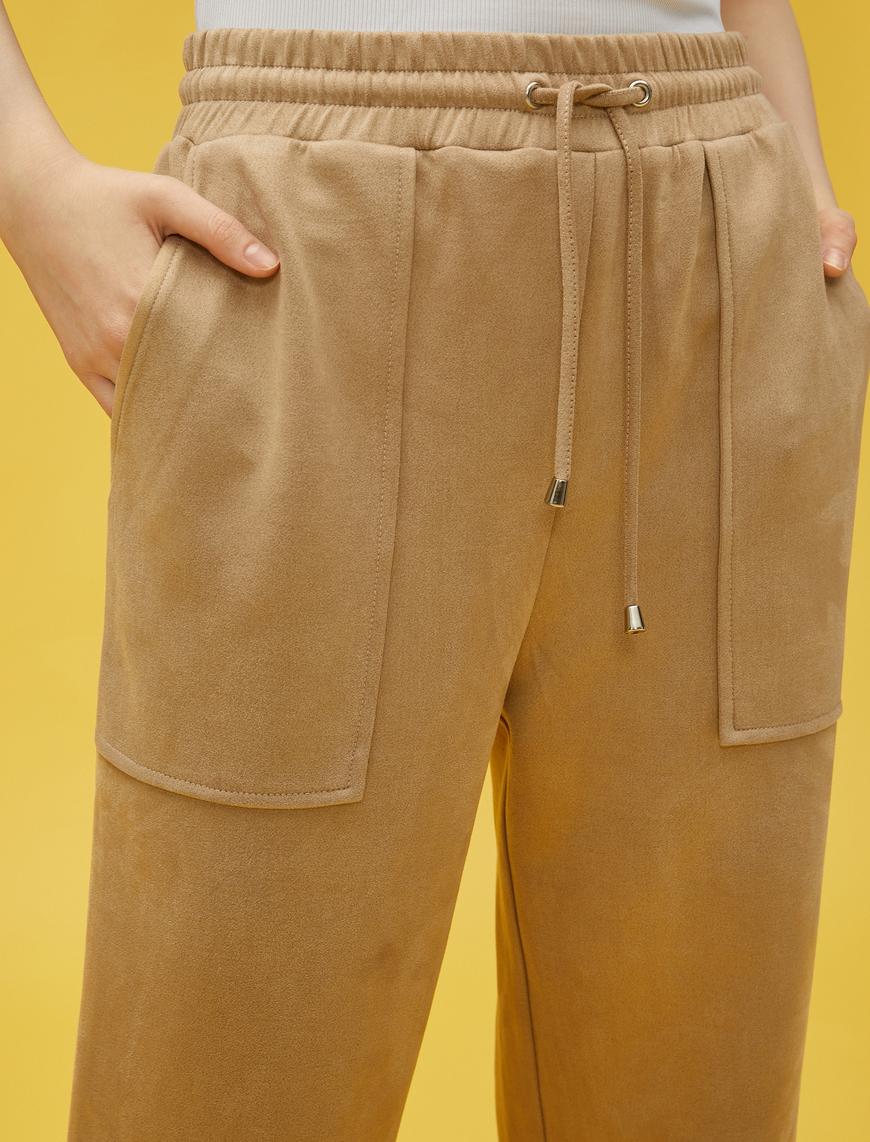  Süet Görünümlü Cepli Beli Bağlamalı Pantolon