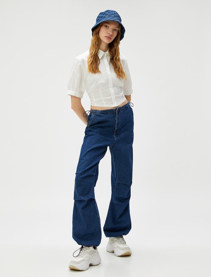  Crop Gömlek Beli Piliseli Kısa Kollu Liyosel Kumaş