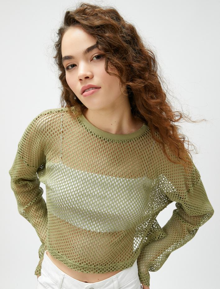  Uzun Kollu Tişört File Örgü Crop Bisiklet Yaka