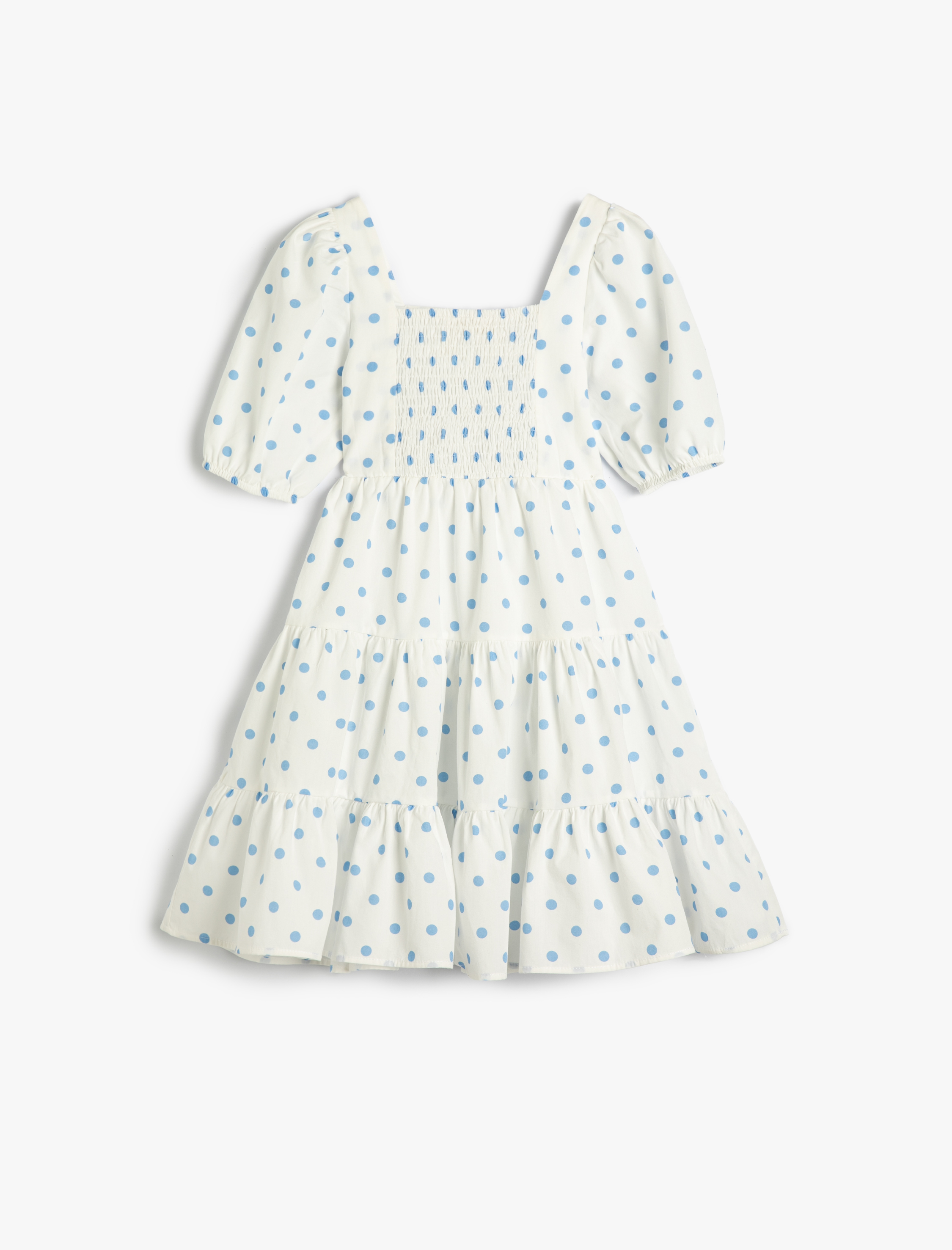 Kız Çocuk Elbise Midi Puantiyeli Balon Kollu U Yaka Astarlı Pamuklu