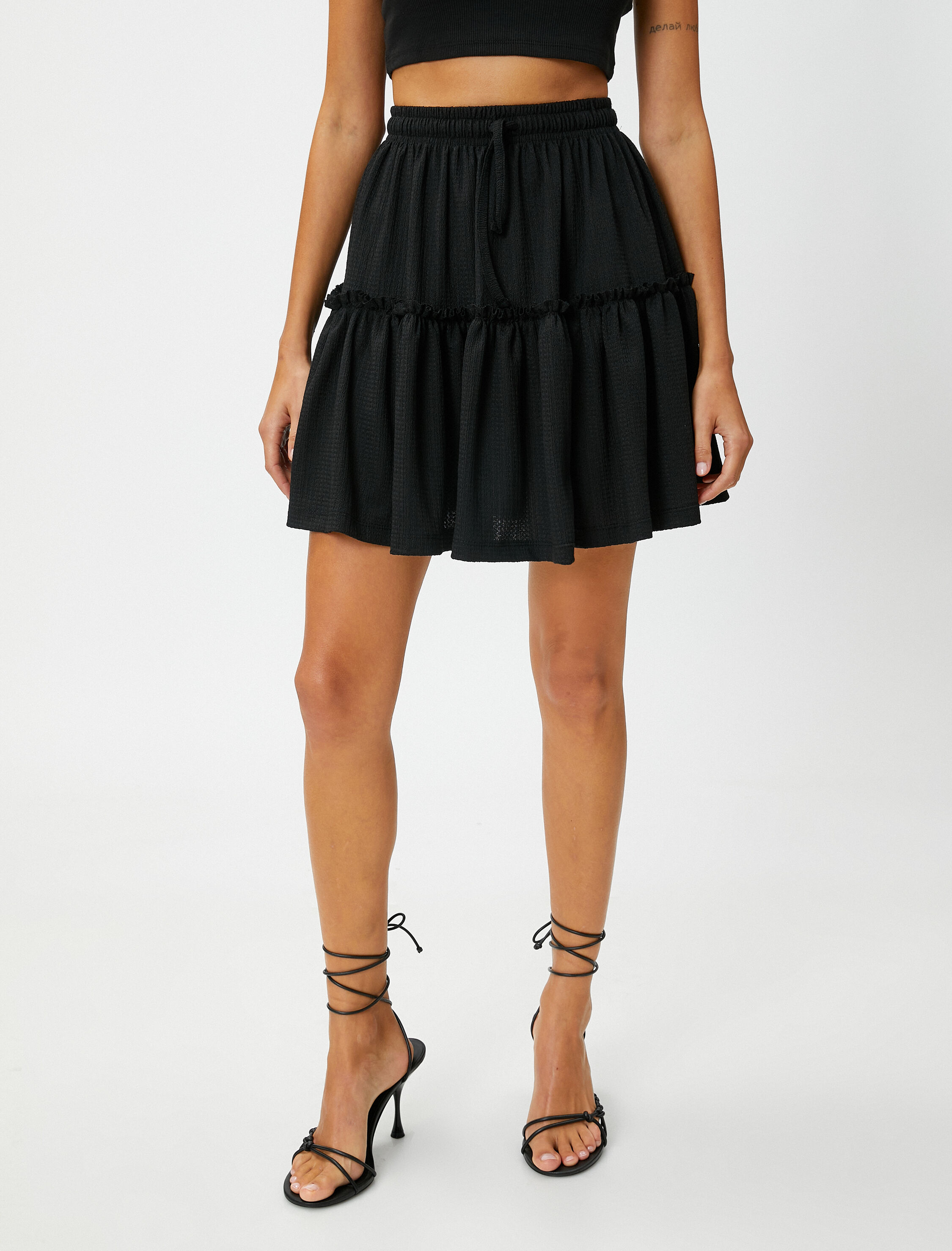   Katlı Mini Etek Beli Bağlamalı