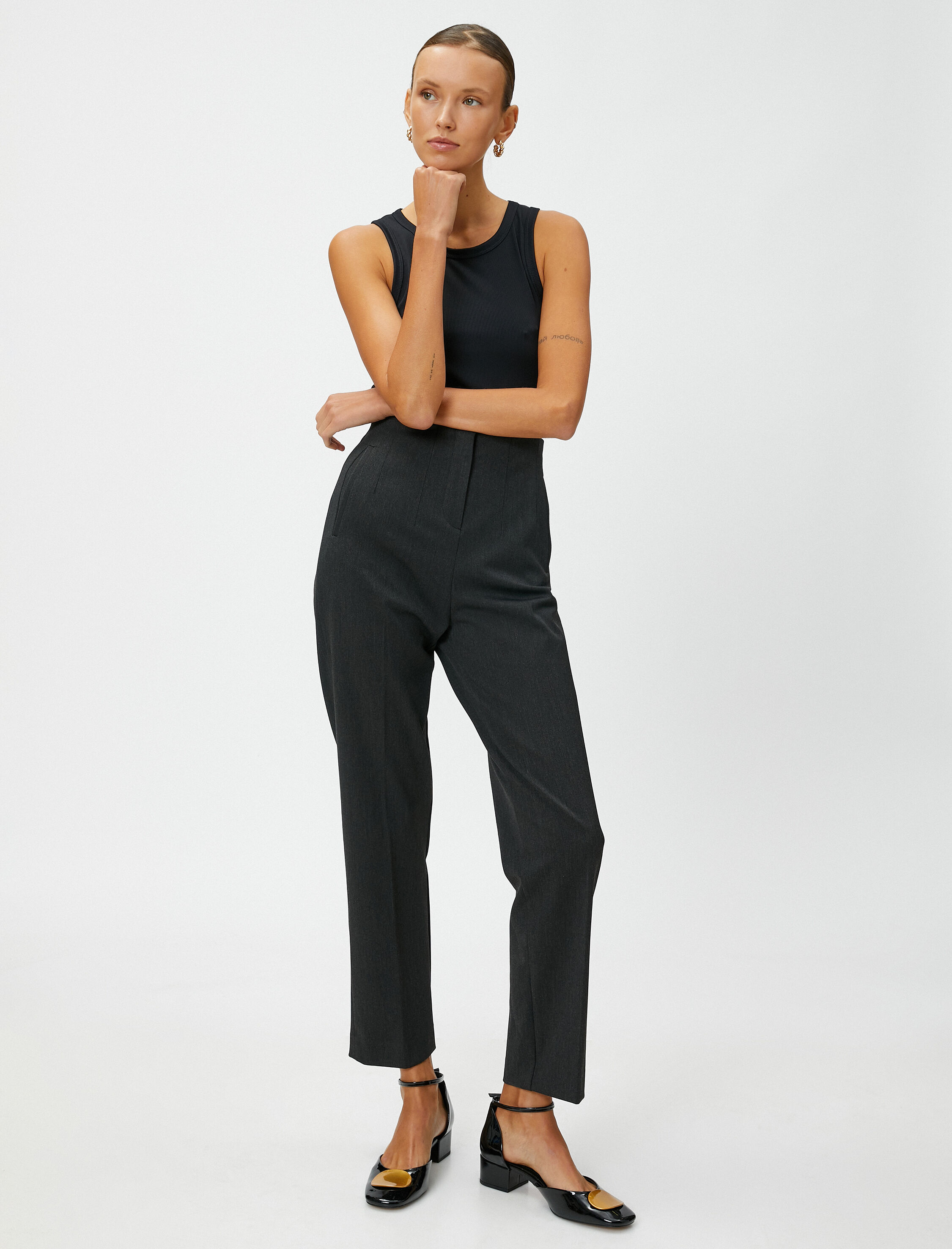   Yüksek Bel Kumaş Pantolon Dikiş Detaylı