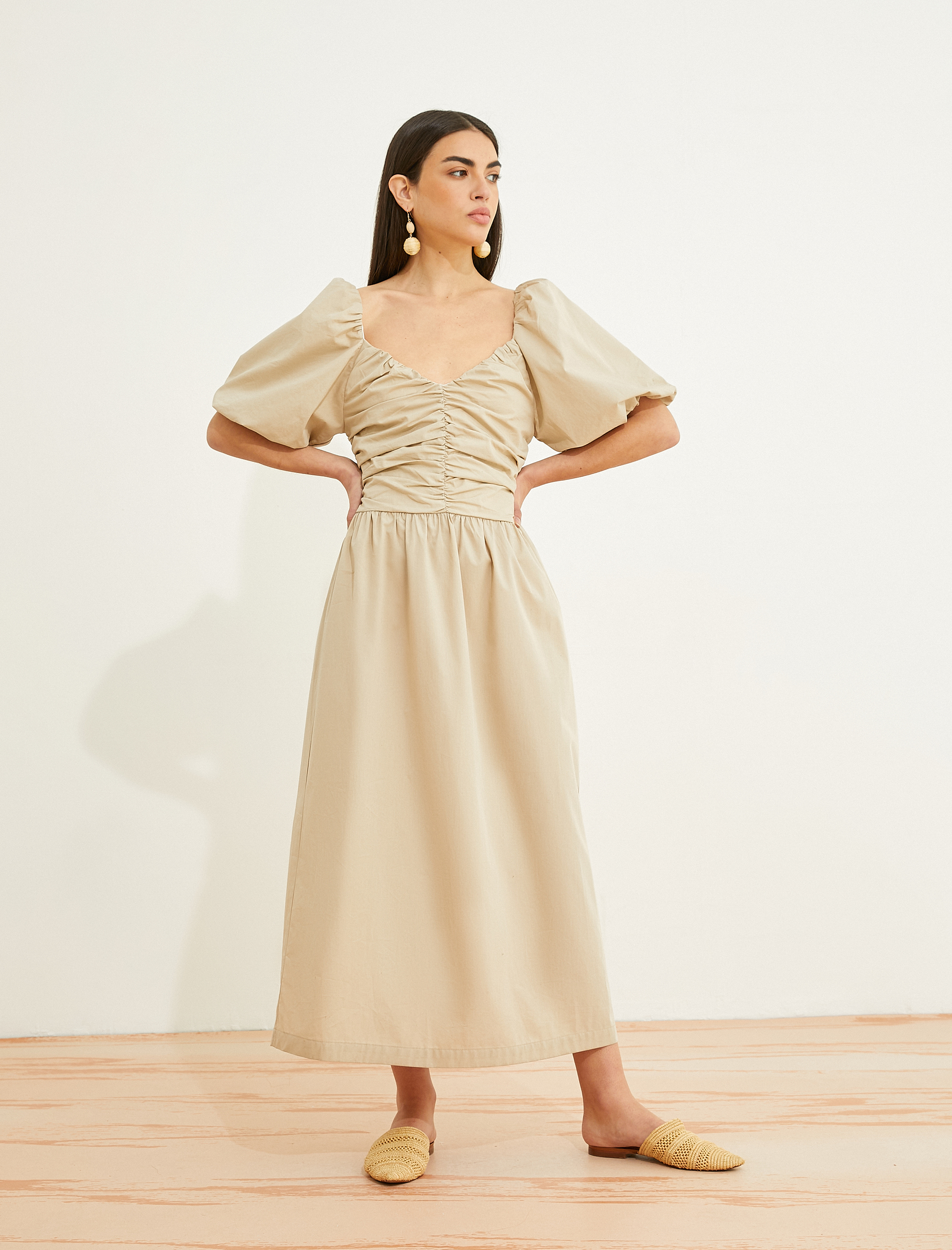   Uzun Poplin Elbise Balon Kollu Drapeli V Yaka Pamuklu