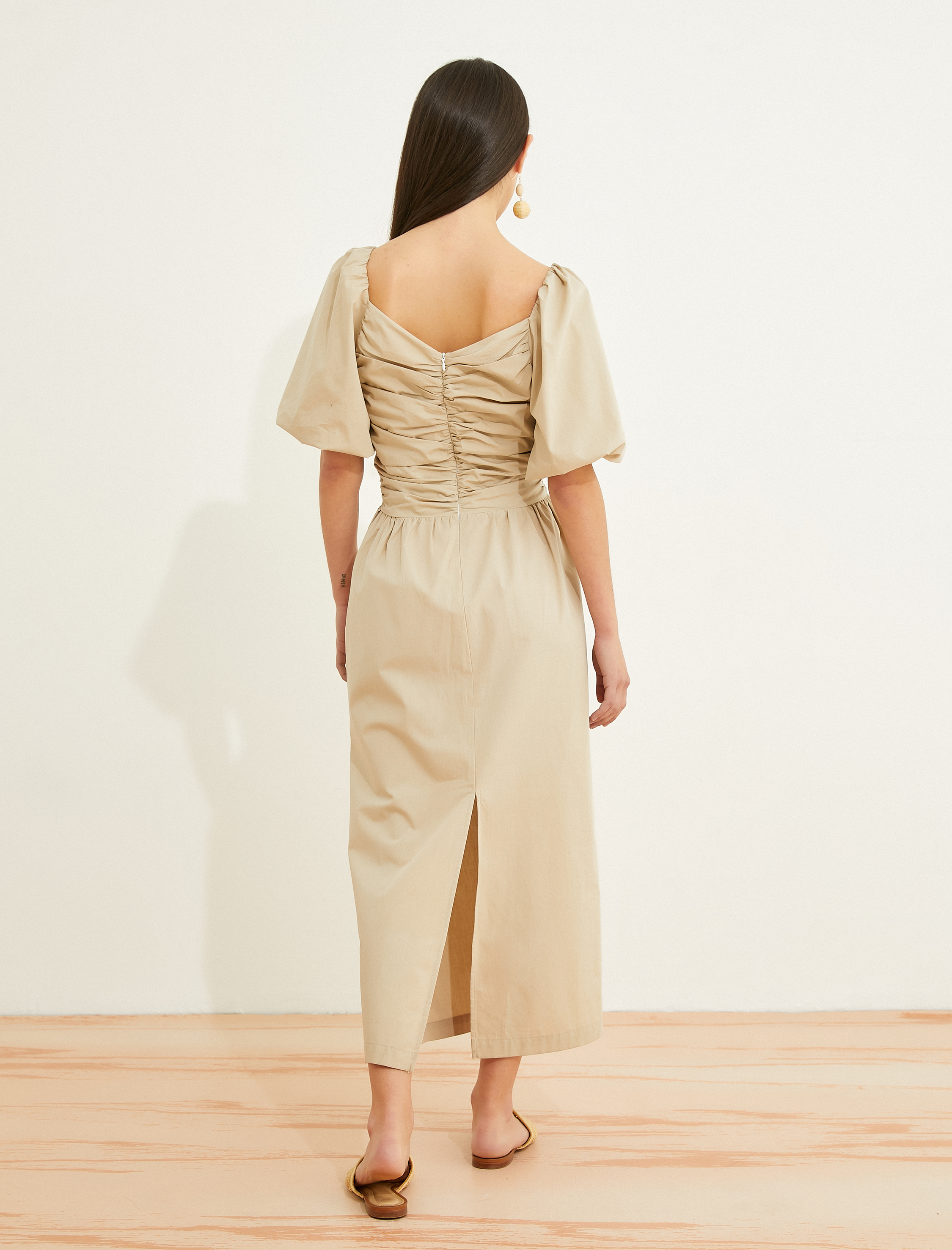   Uzun Poplin Elbise Balon Kollu Drapeli V Yaka Pamuklu