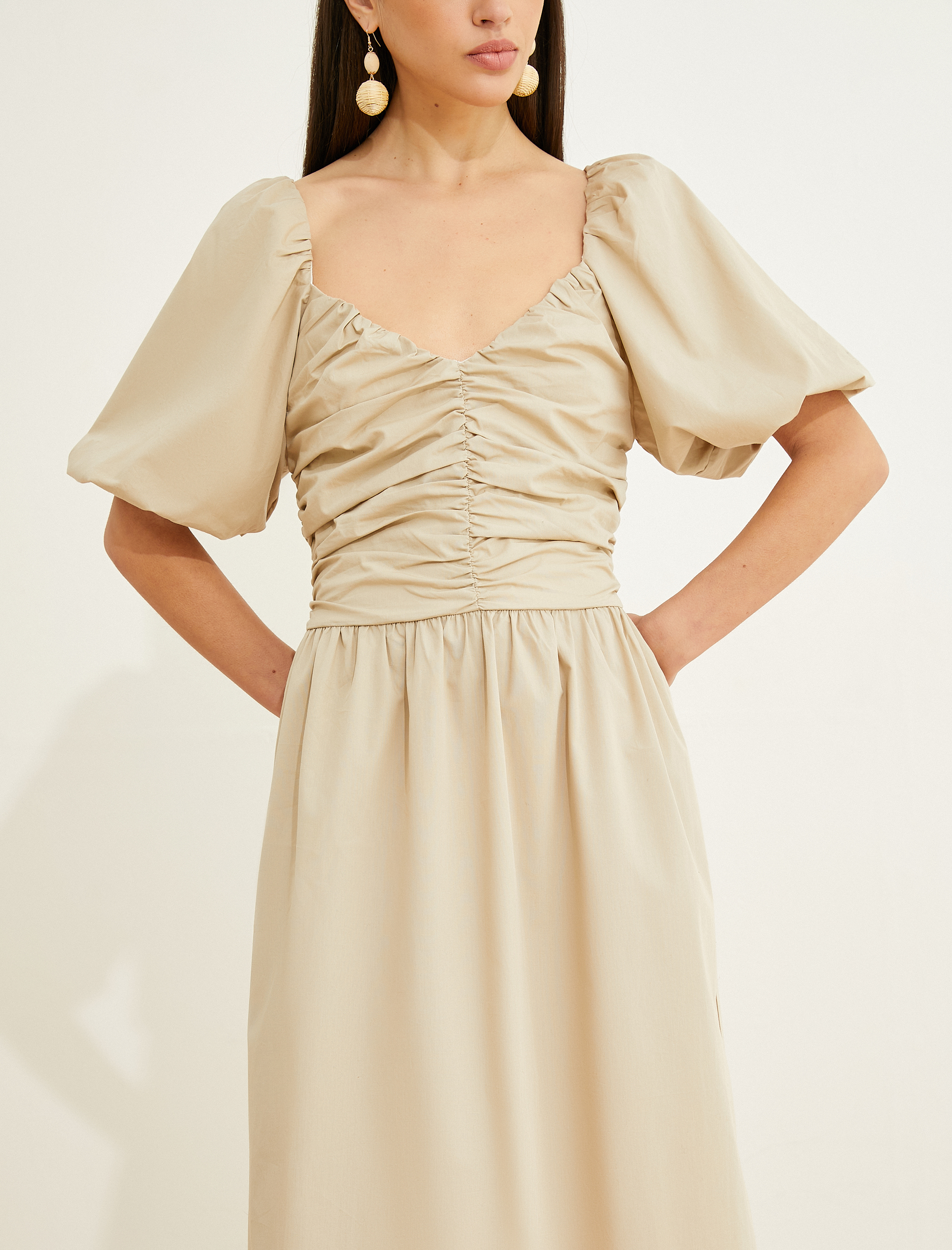   Uzun Poplin Elbise Balon Kollu Drapeli V Yaka Pamuklu