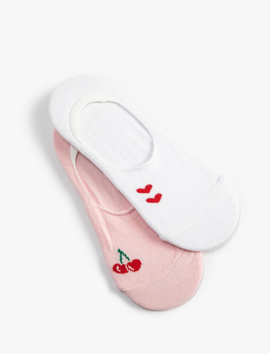  Kadın 2'li Babet Çorap Seti Kalpli Kiraz İşlemeli Çok Renkli