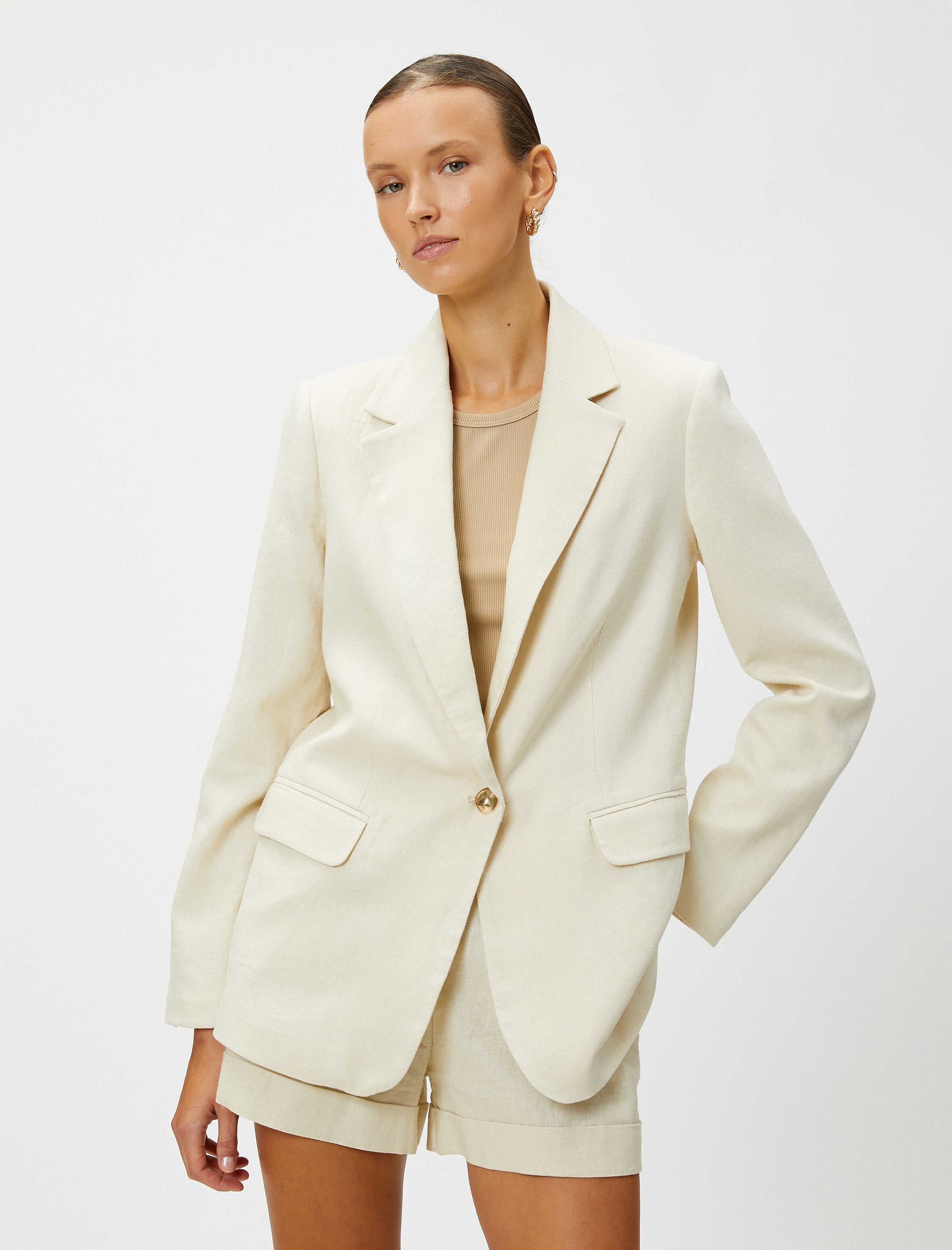   Cep Kapaklı Keten Karışımlı Blazer Ceket