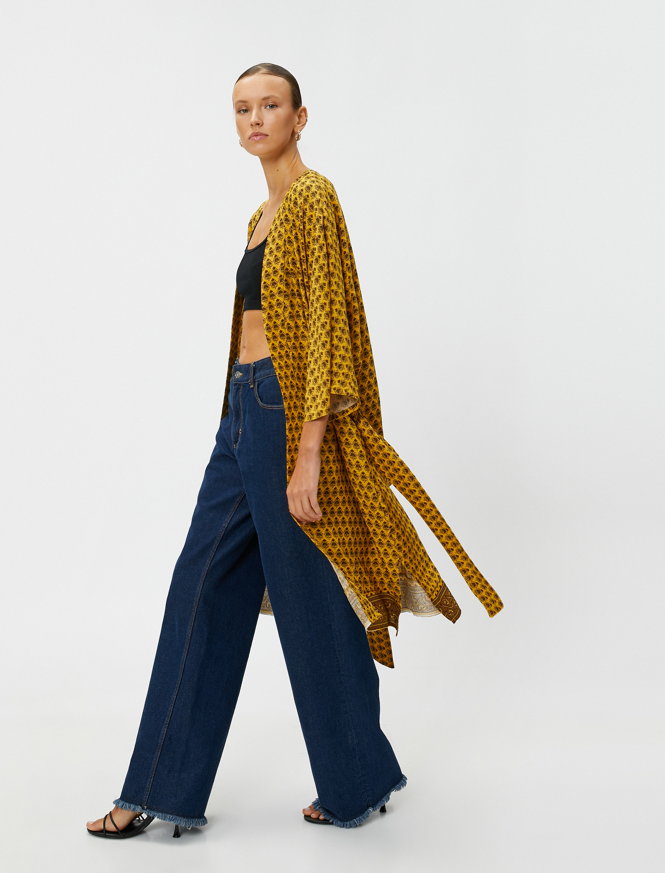   Çiçekli Kimono Midi Boy Kemerli