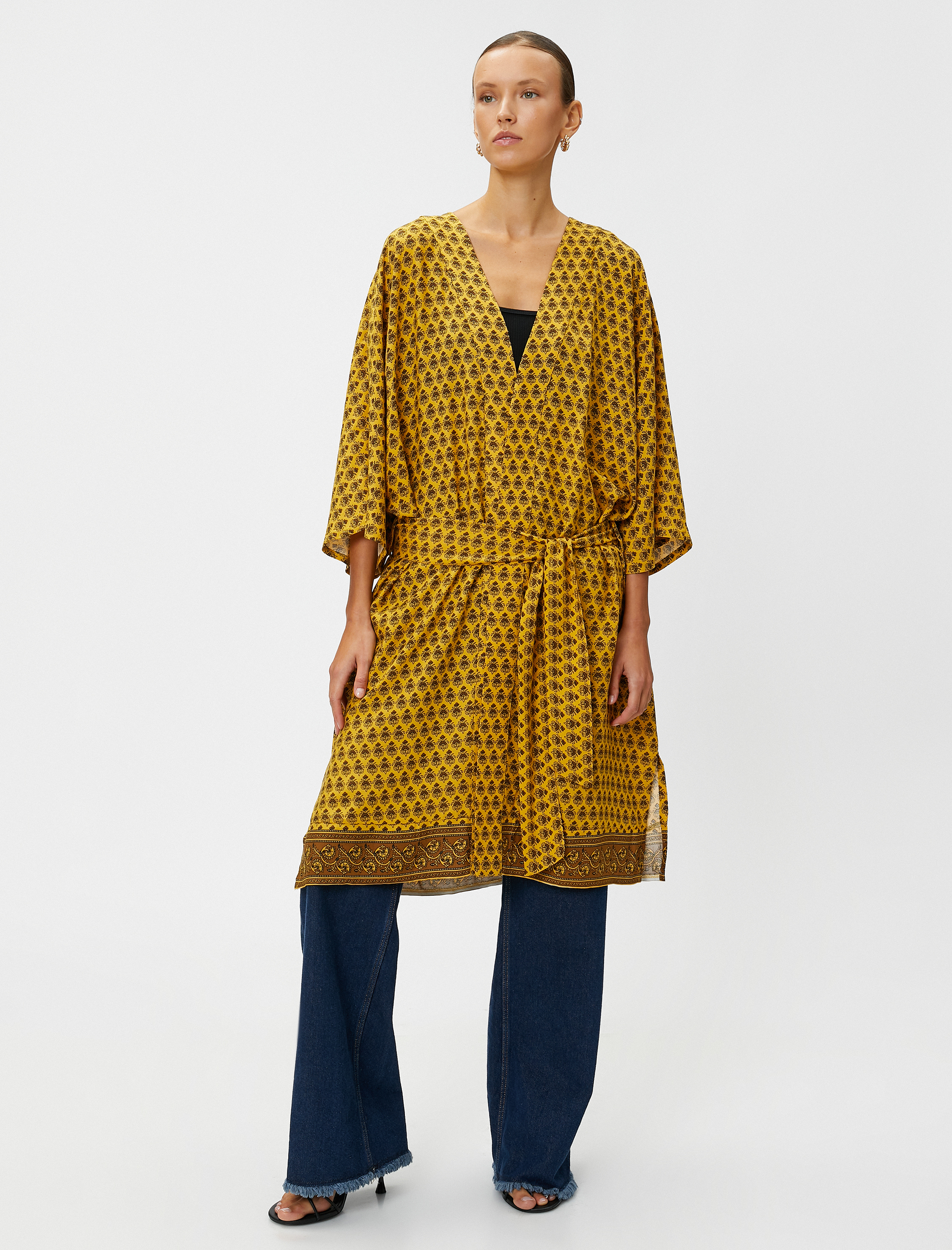   Çiçekli Kimono Midi Boy Kemerli