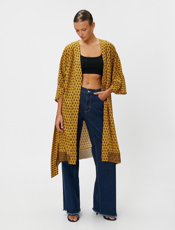  Çiçekli Kimono Midi Boy Kemerli