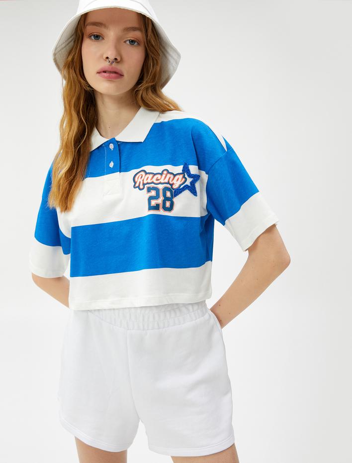  Crop Rugby Tişört Polo Yaka Kolej Baskılı Kısa Kollu Pamuklu