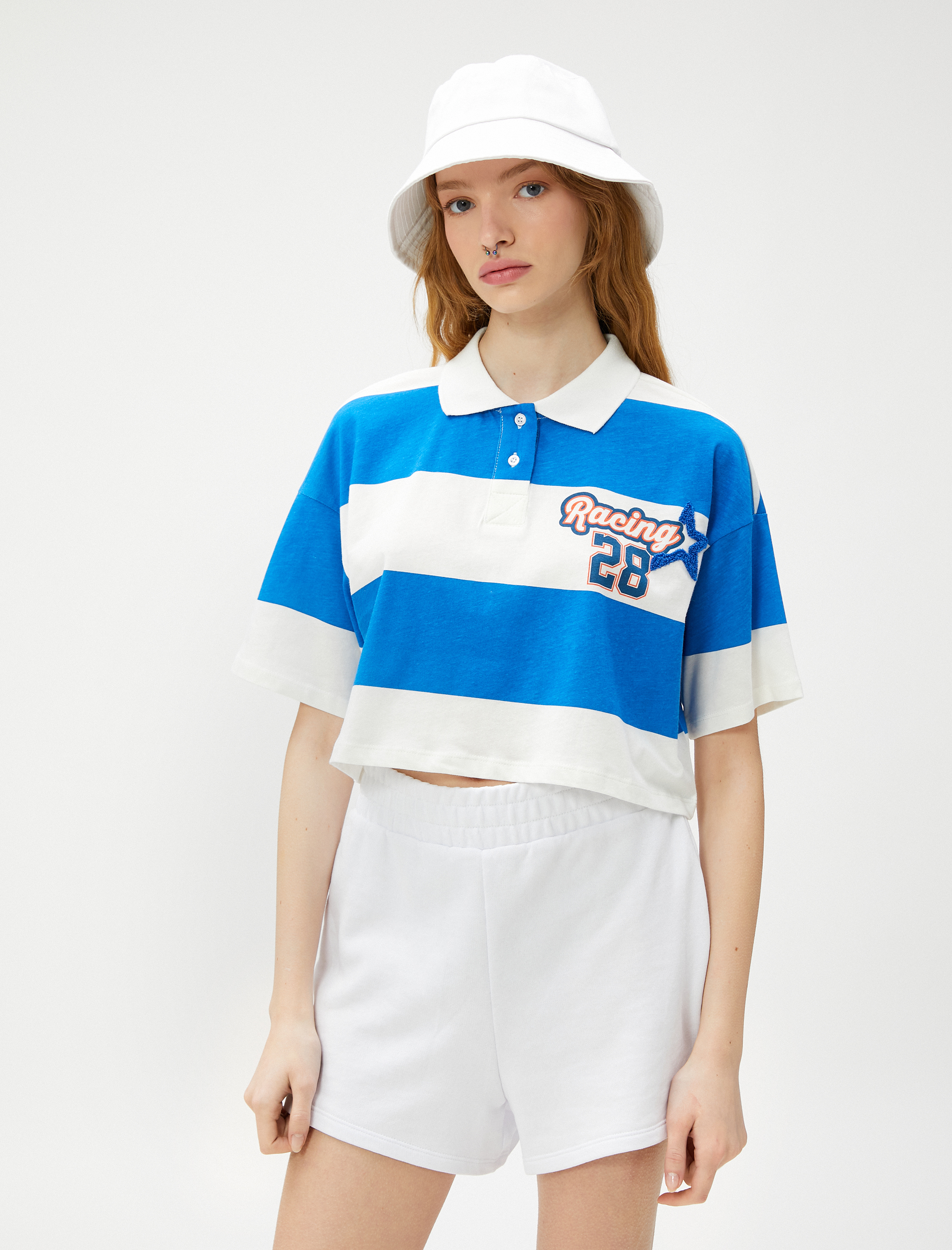   Crop Rugby Tişört Polo Yaka Kolej Baskılı Kısa Kollu Pamuklu