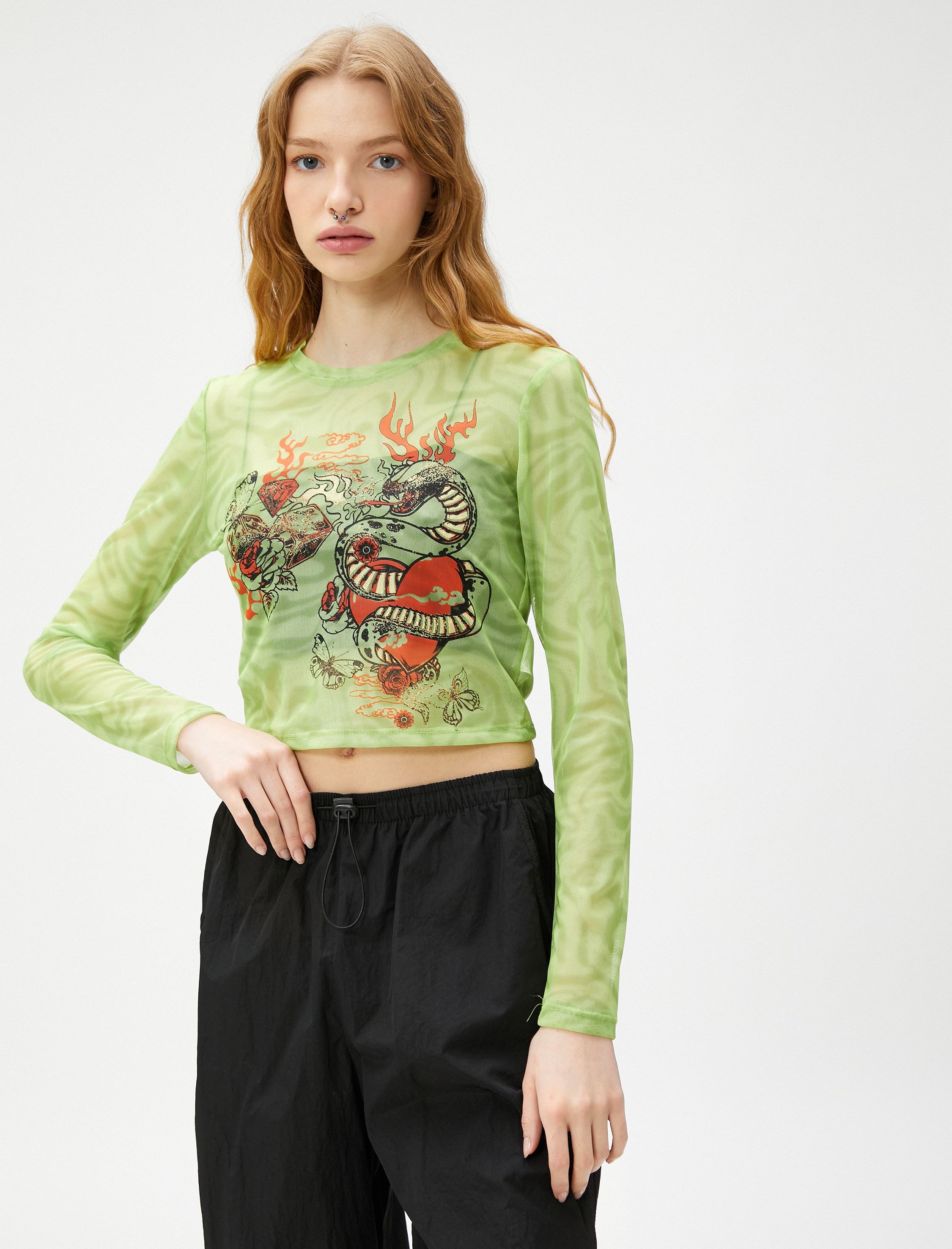   Crop Tişört Uzun Kollu Tül Baskılı Bisiklet Yaka