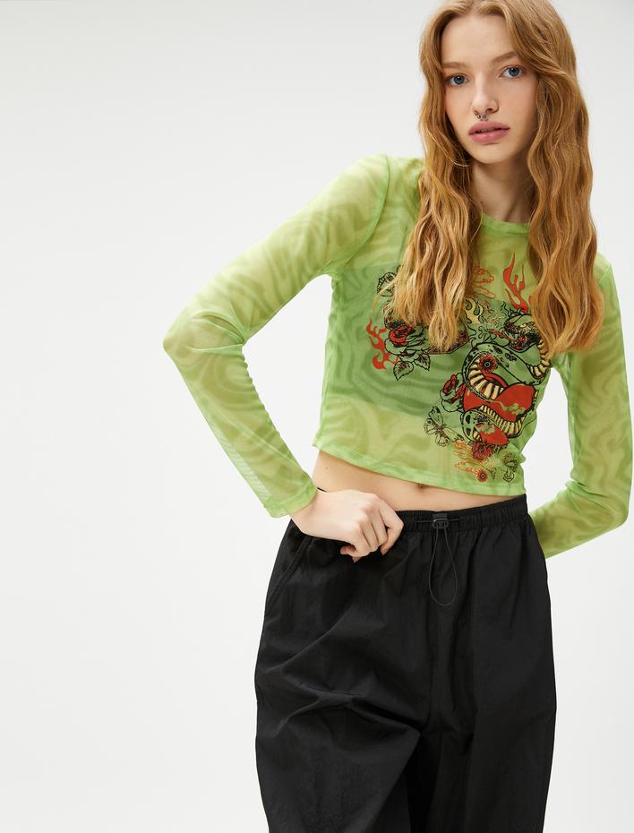  Crop Tişört Uzun Kollu Tül Baskılı Bisiklet Yaka