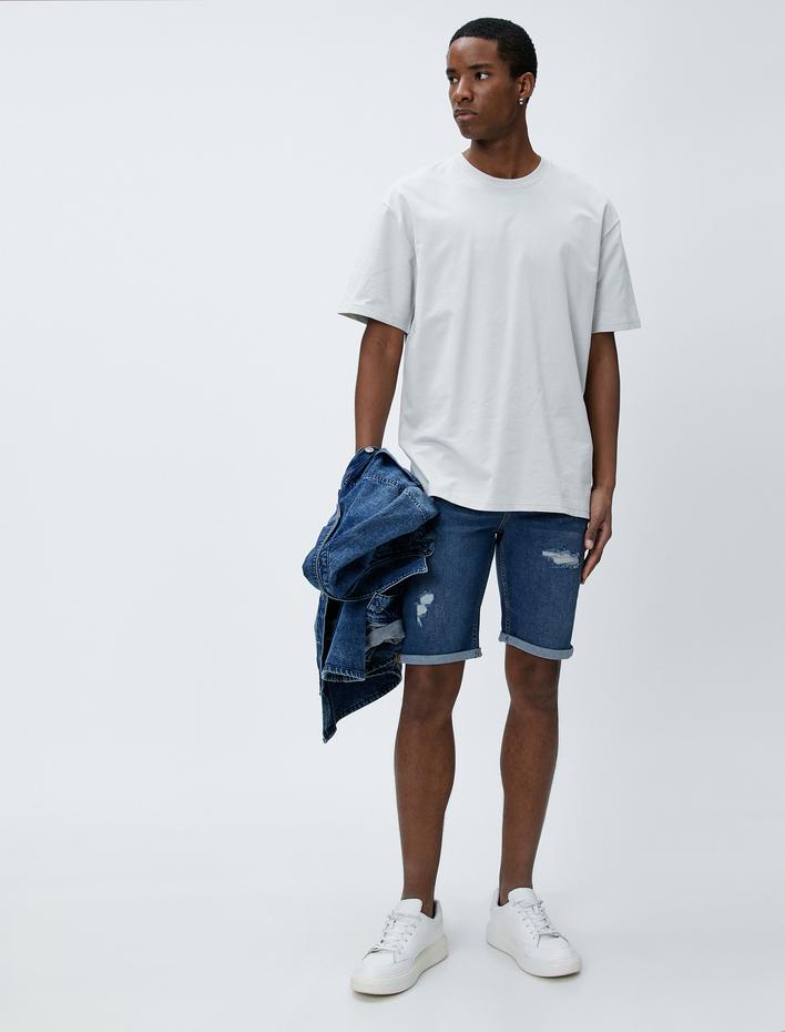  Yırtık Kot Şort Katlı Paça Detaylı Cepli Düğmeli