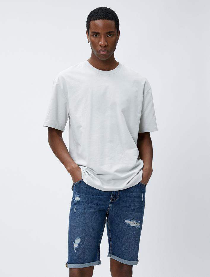  Yırtık Kot Şort Katlı Paça Detaylı Cepli Düğmeli