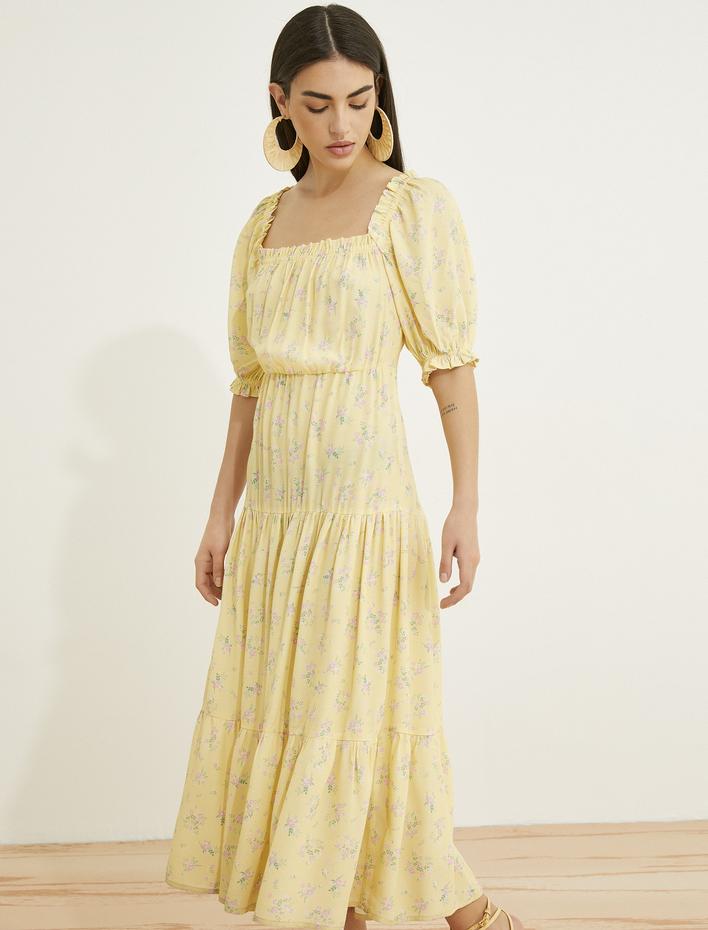  Çiçekli Midi Boy Elbise Viskon Kare Yaka Kısa Balon Kollu