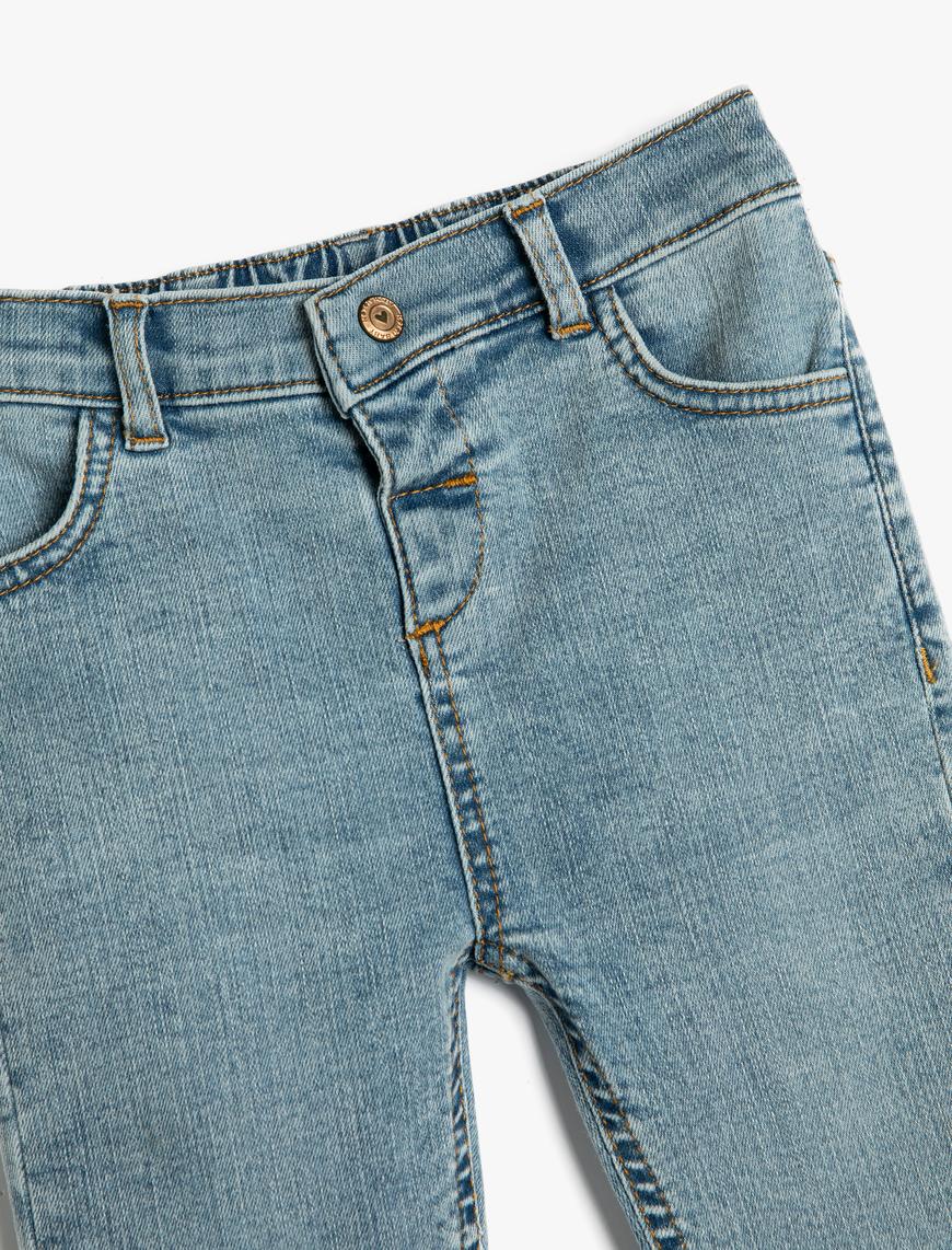  Kız Bebek Kot Pantolon Beli Lastikli Cepli Pamuklu - Straight Jean