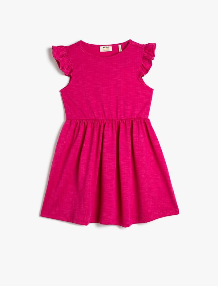 Kız Çocuk Elbise Diz Üstü Kolsuz Fırfırlı Yuvarlak Yaka