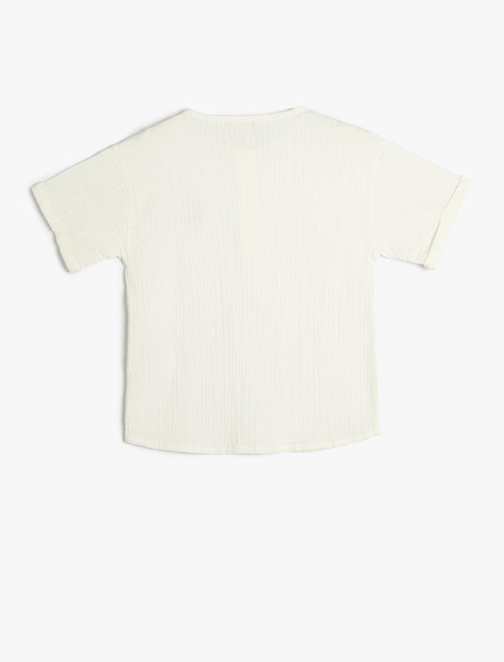 Erkek Çocuk Tişört Pamuklu Müslin Kumaş Kısa Kollu Düğmeli Yuvarlak Yaka