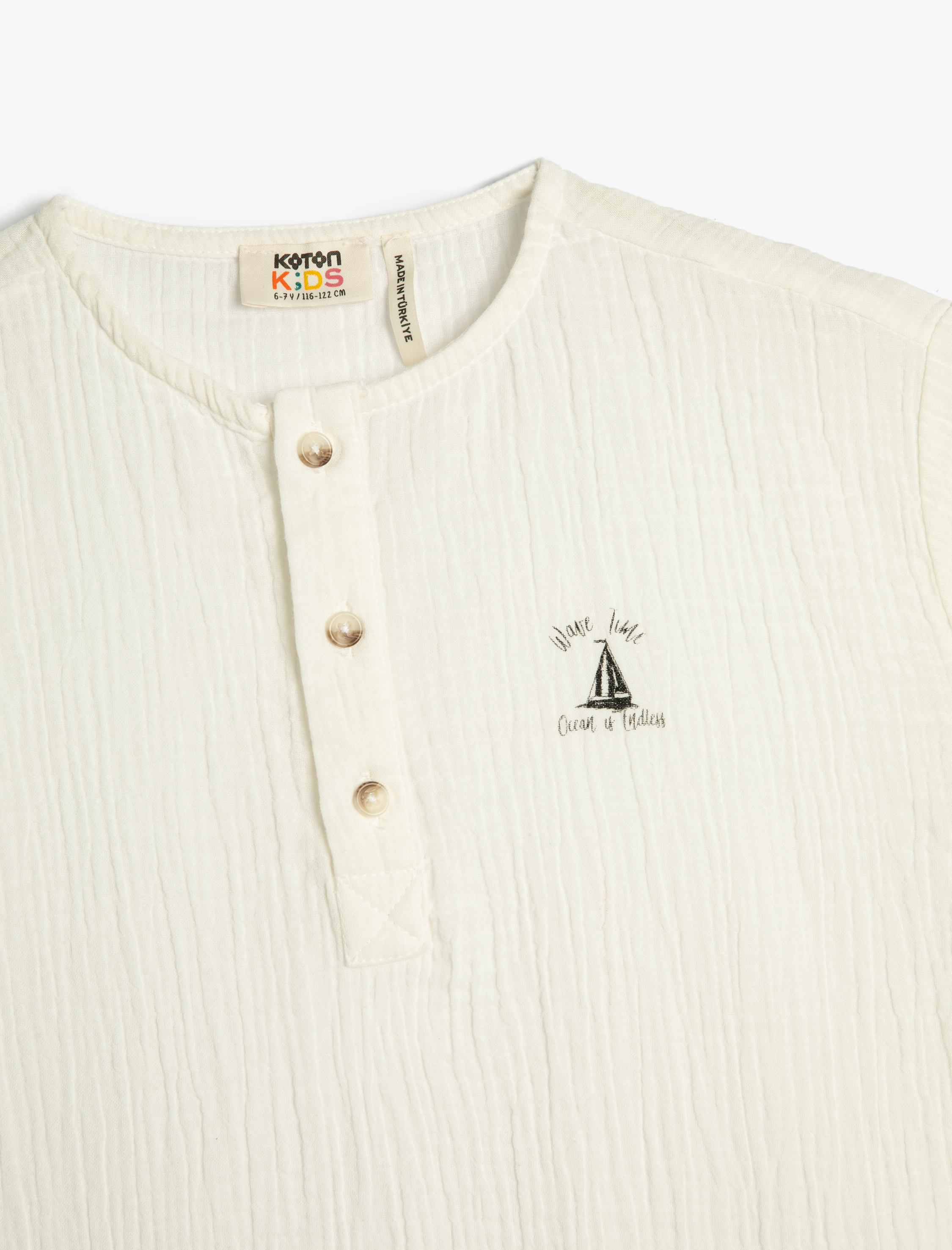  Erkek Çocuk Tişört Pamuklu Müslin Kumaş Kısa Kollu Düğmeli Yuvarlak Yaka