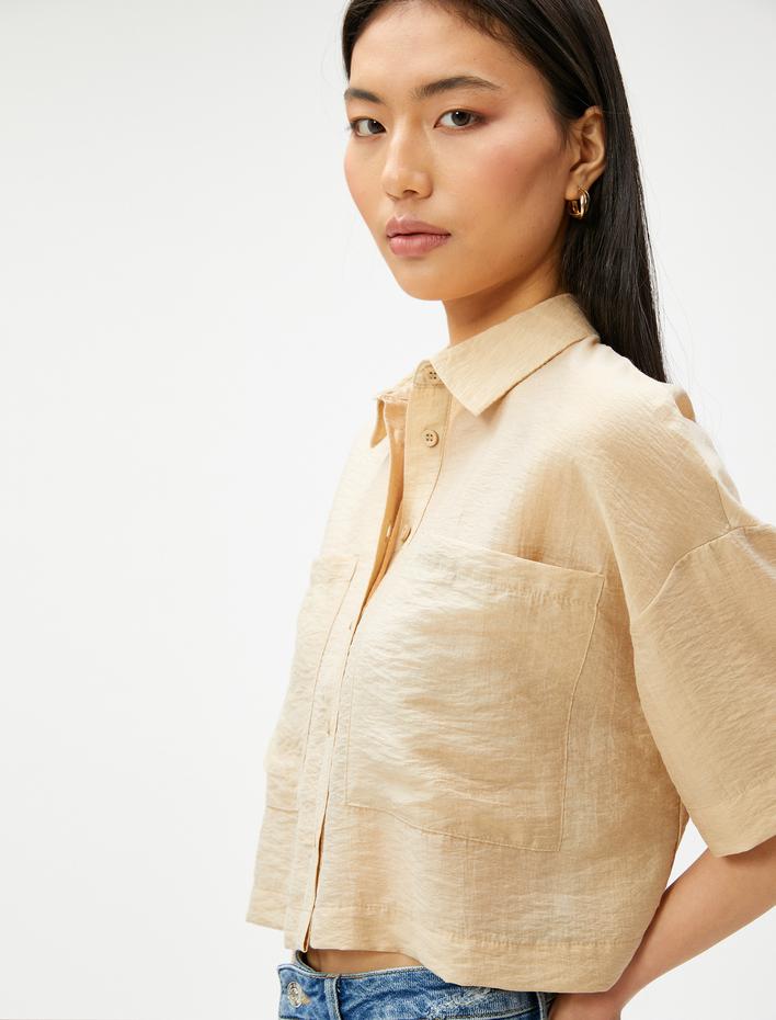  Crop Gömlek Cepli Kısa Kollu