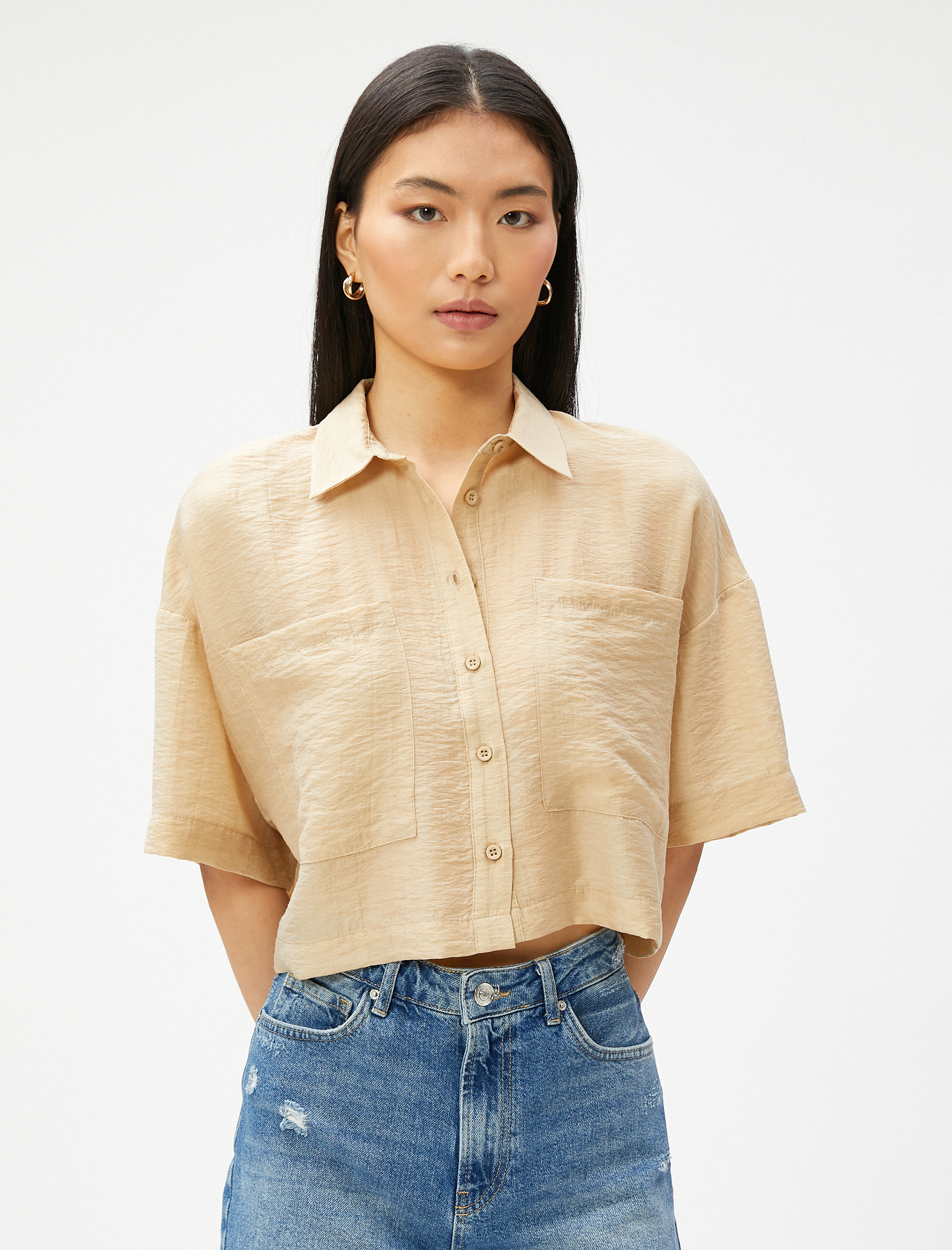   Crop Gömlek Cepli Kısa Kollu