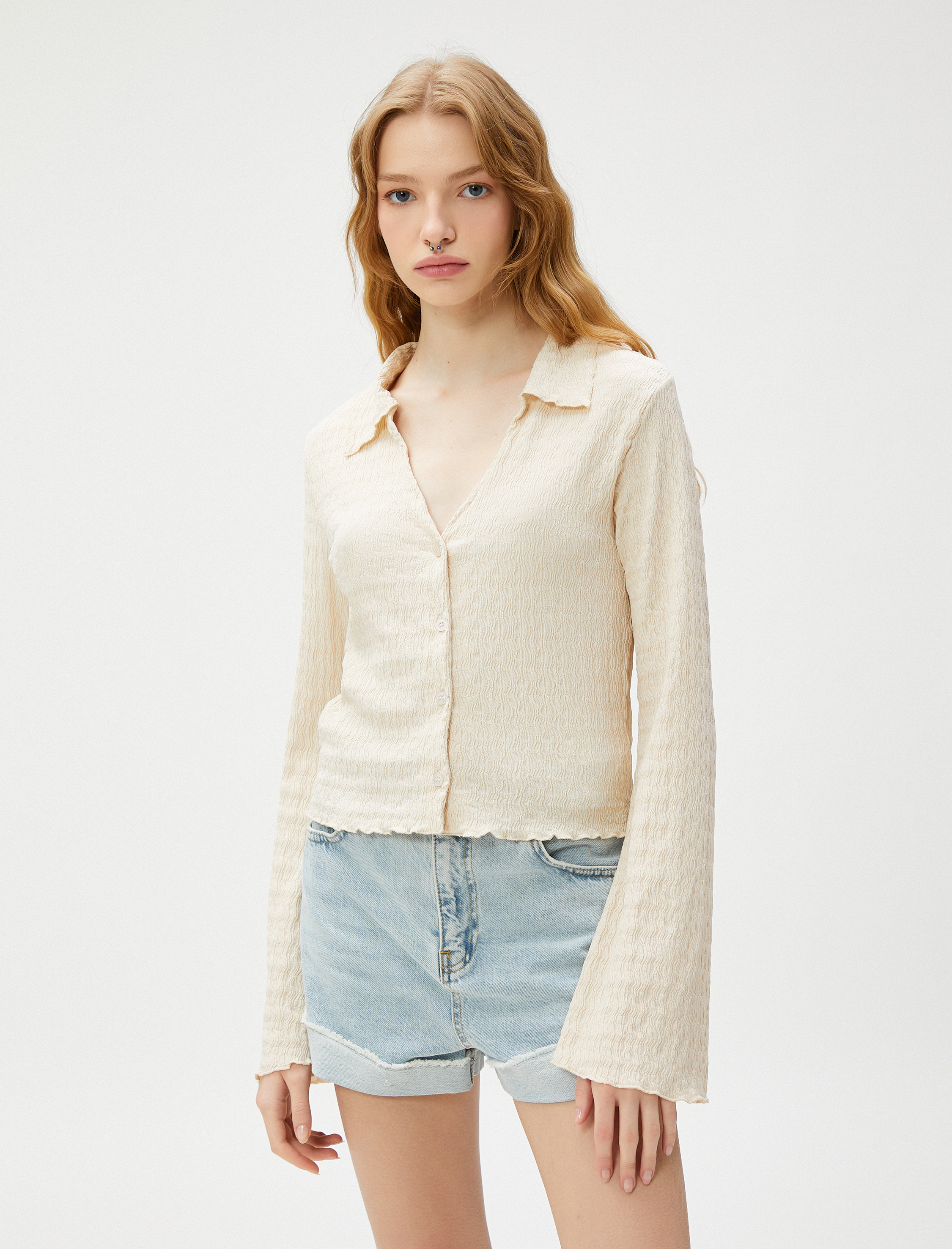   Uzun Kollu Tişört Gömlek Yaka Düğmeli Dokulu Bürümcük