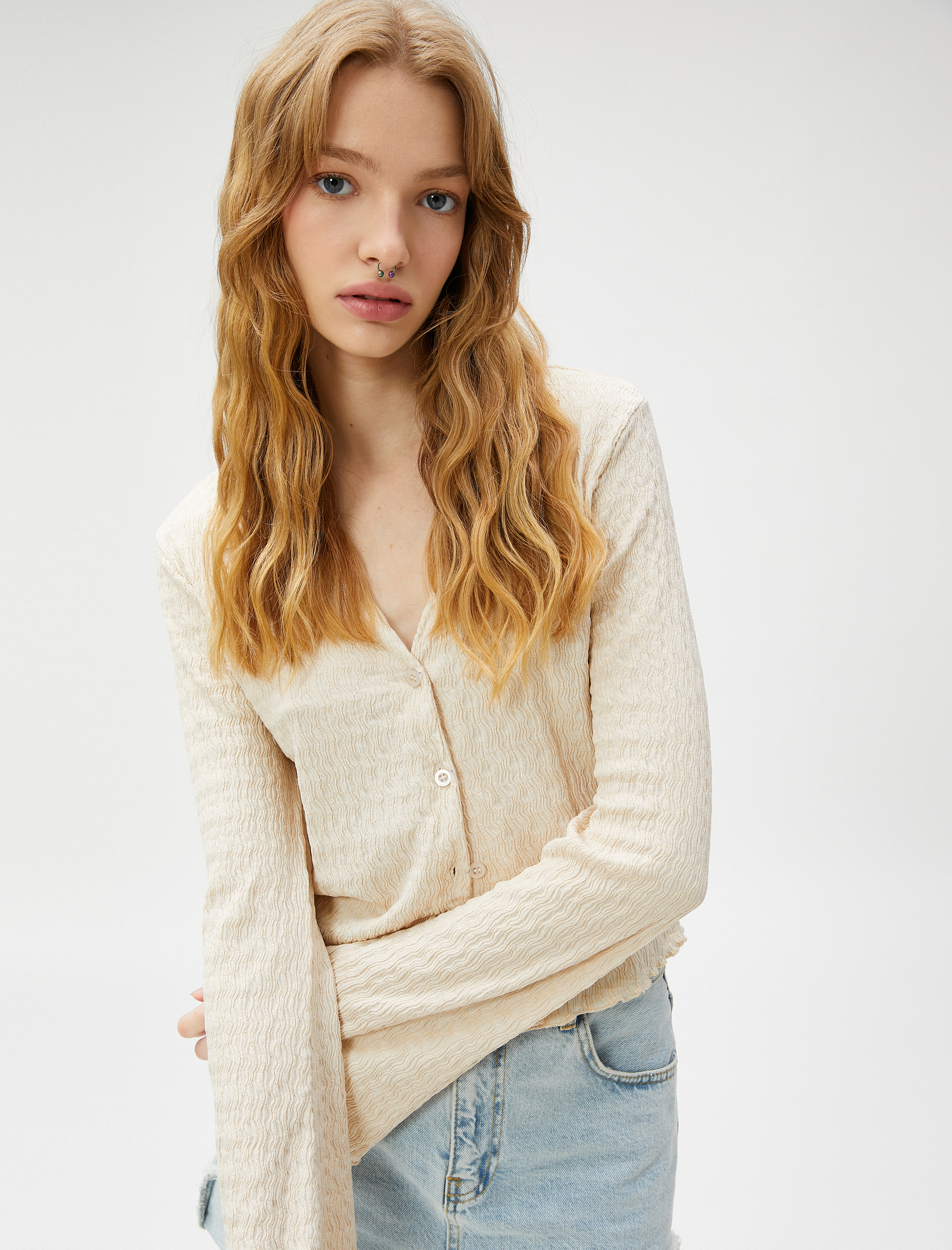   Uzun Kollu Tişört Gömlek Yaka Düğmeli Dokulu Bürümcük