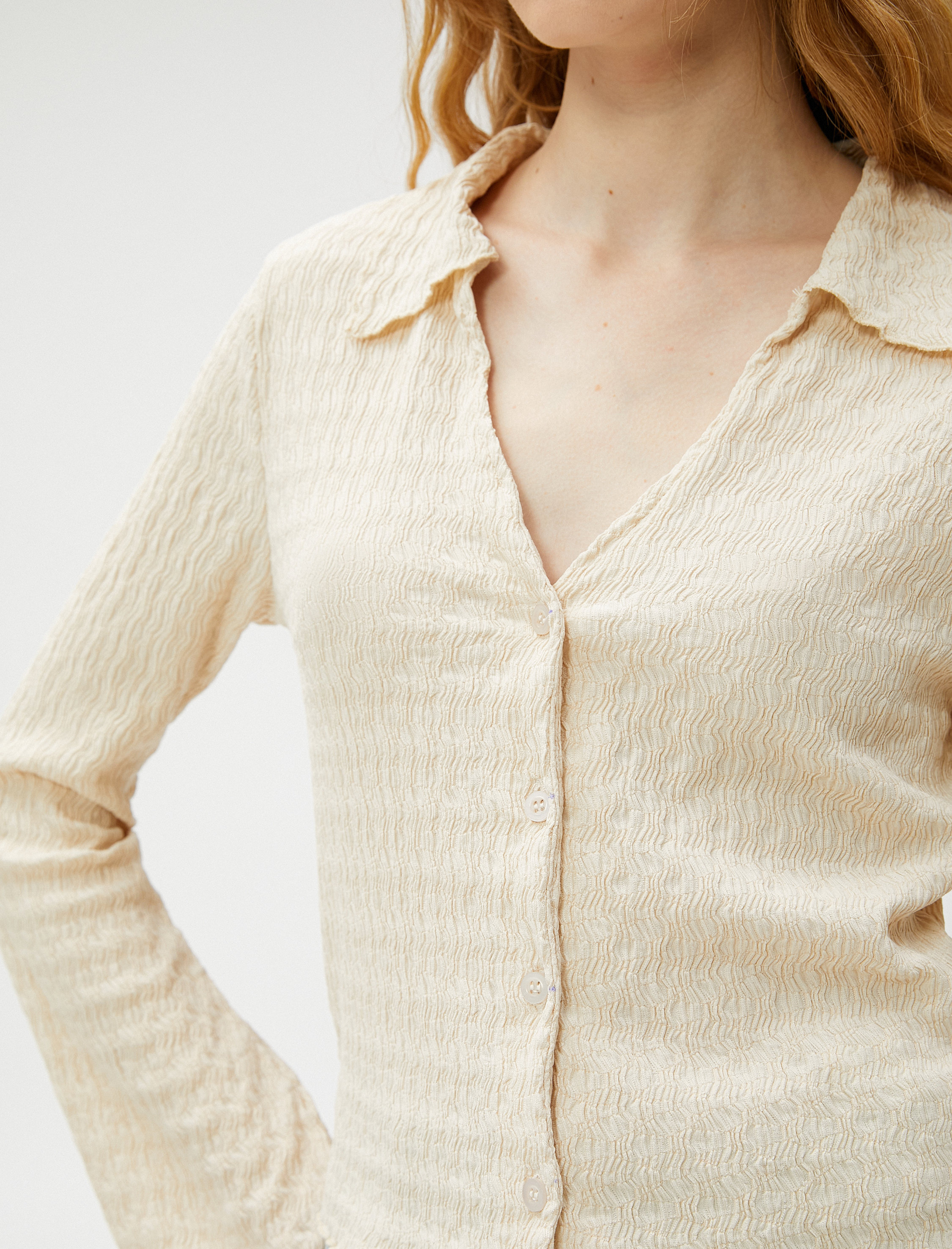   Uzun Kollu Tişört Gömlek Yaka Düğmeli Dokulu Bürümcük