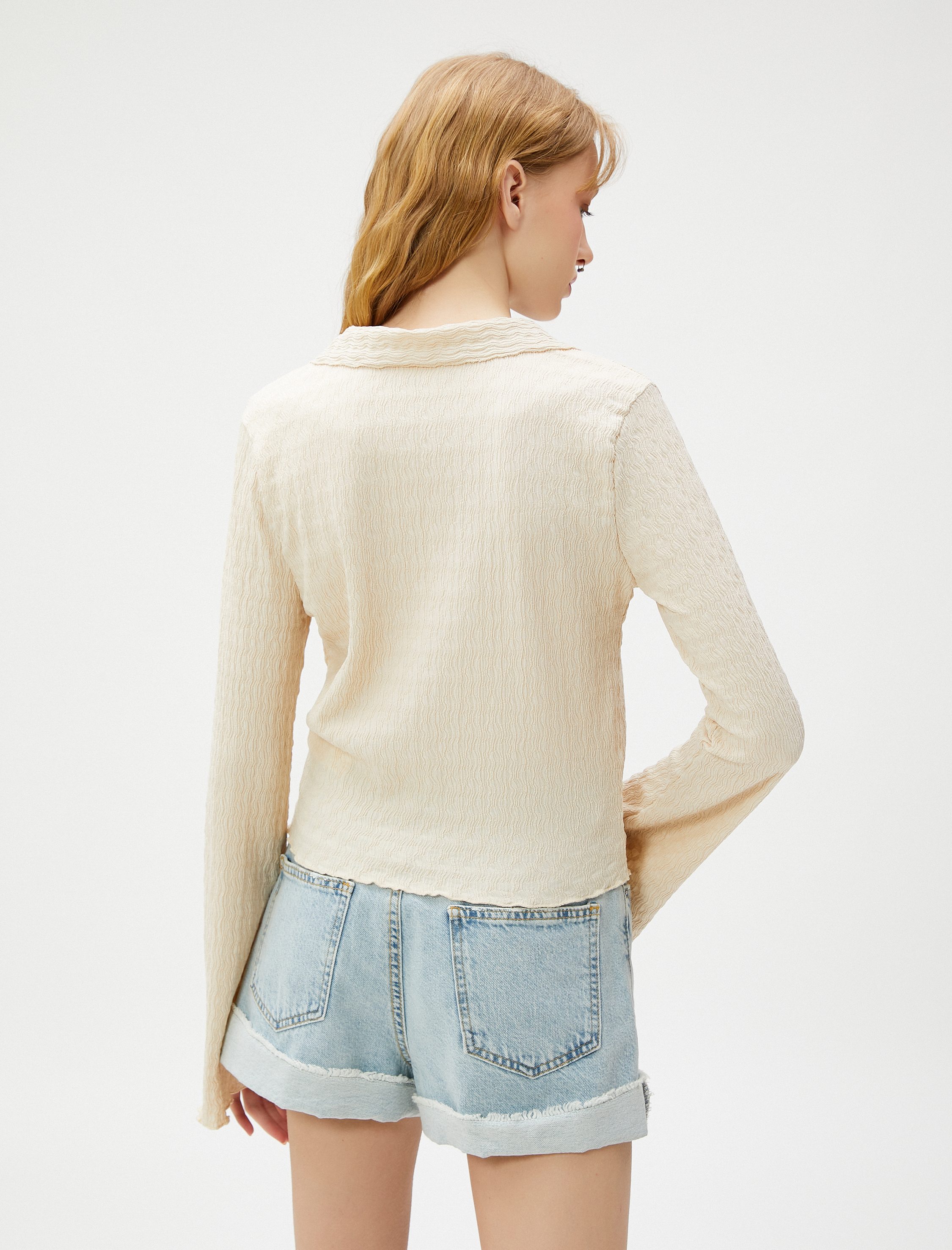   Uzun Kollu Tişört Gömlek Yaka Düğmeli Dokulu Bürümcük