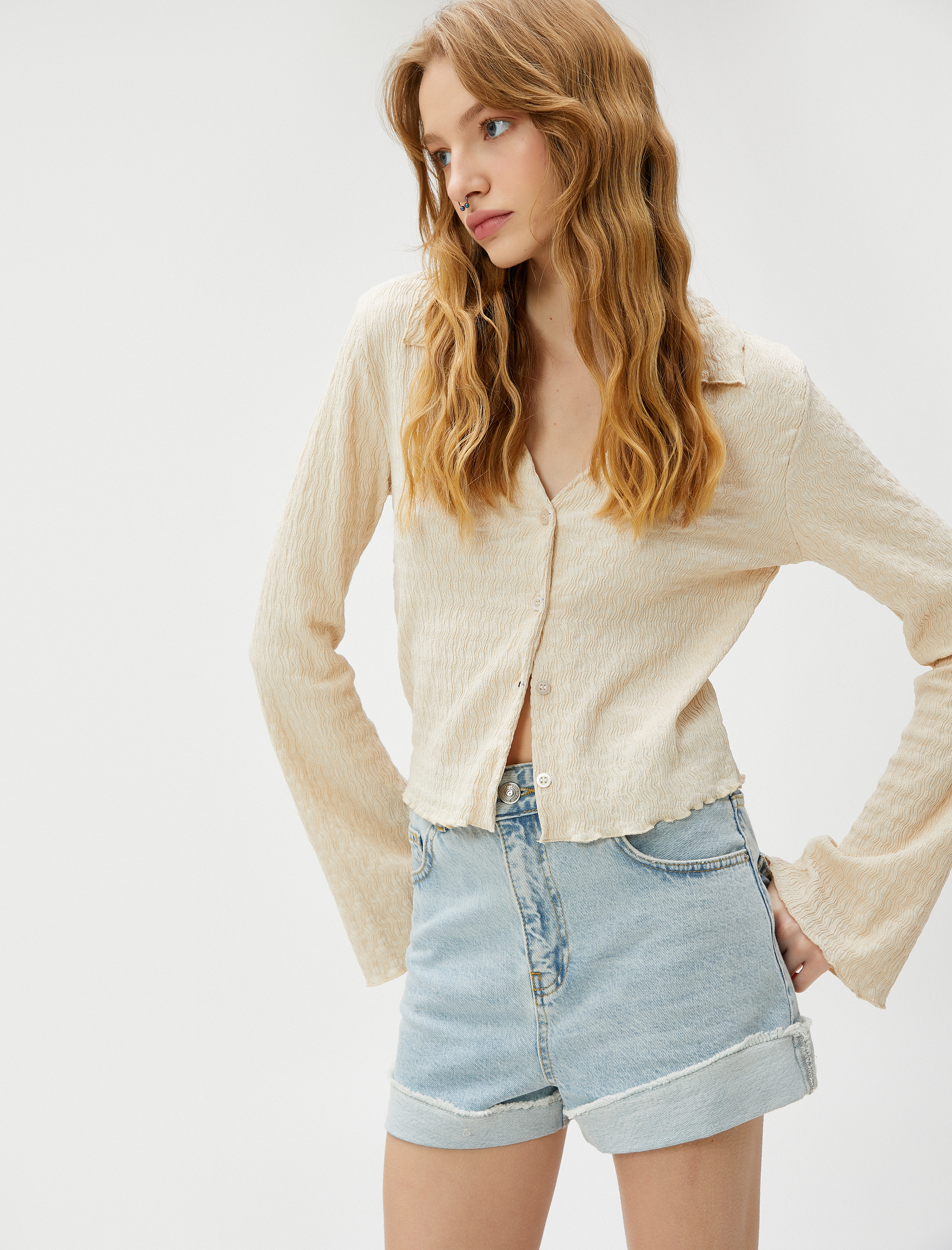   Uzun Kollu Tişört Gömlek Yaka Düğmeli Dokulu Bürümcük