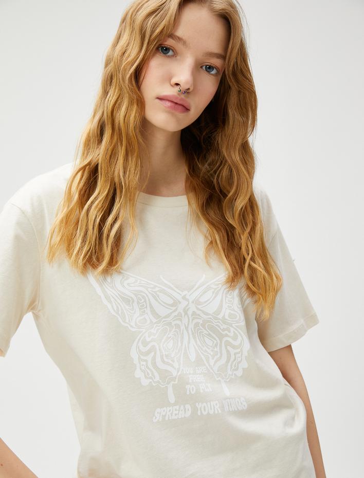  Baskılı Tişört Bisiklet Yaka Kısa Kollu Pamuklu