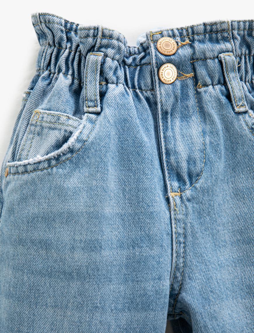  Kız Çocuk Kot Pantolon Yüksek Bel Beli Lastikli Cepli - Loose Jean