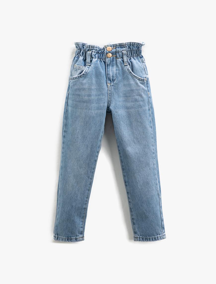  Kız Çocuk Kot Pantolon Yüksek Bel Beli Lastikli Cepli - Loose Jean