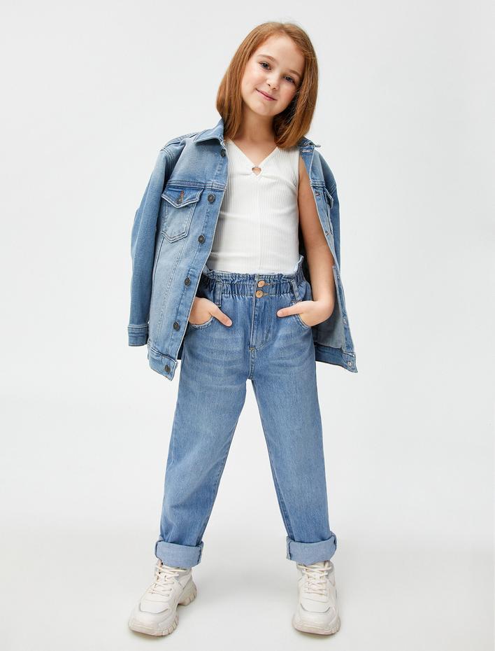 Kız Çocuk Kot Pantolon Yüksek Bel Beli Lastikli Cepli - Loose Jean
