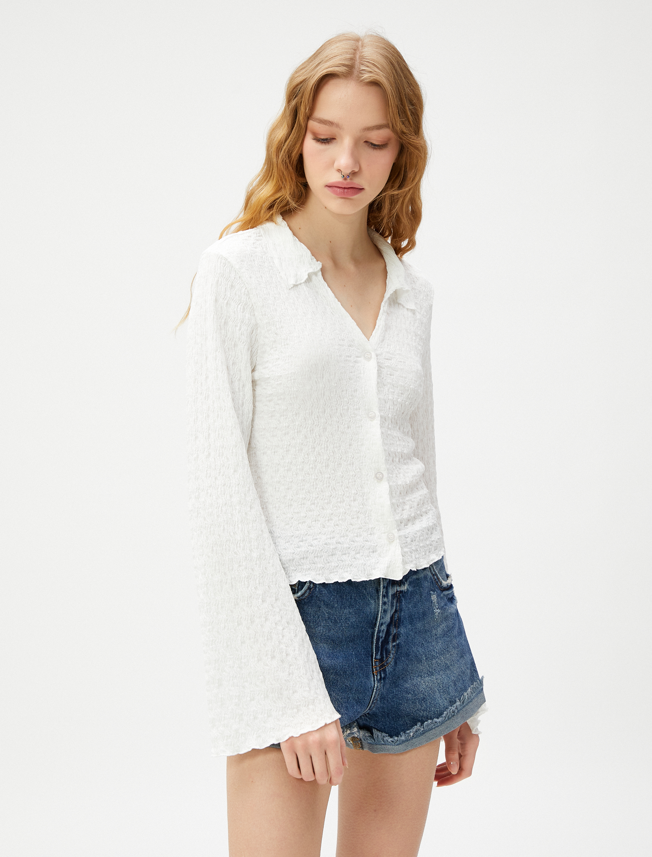   Uzun Kollu Tişört Gömlek Yaka Düğmeli Dokulu Bürümcük