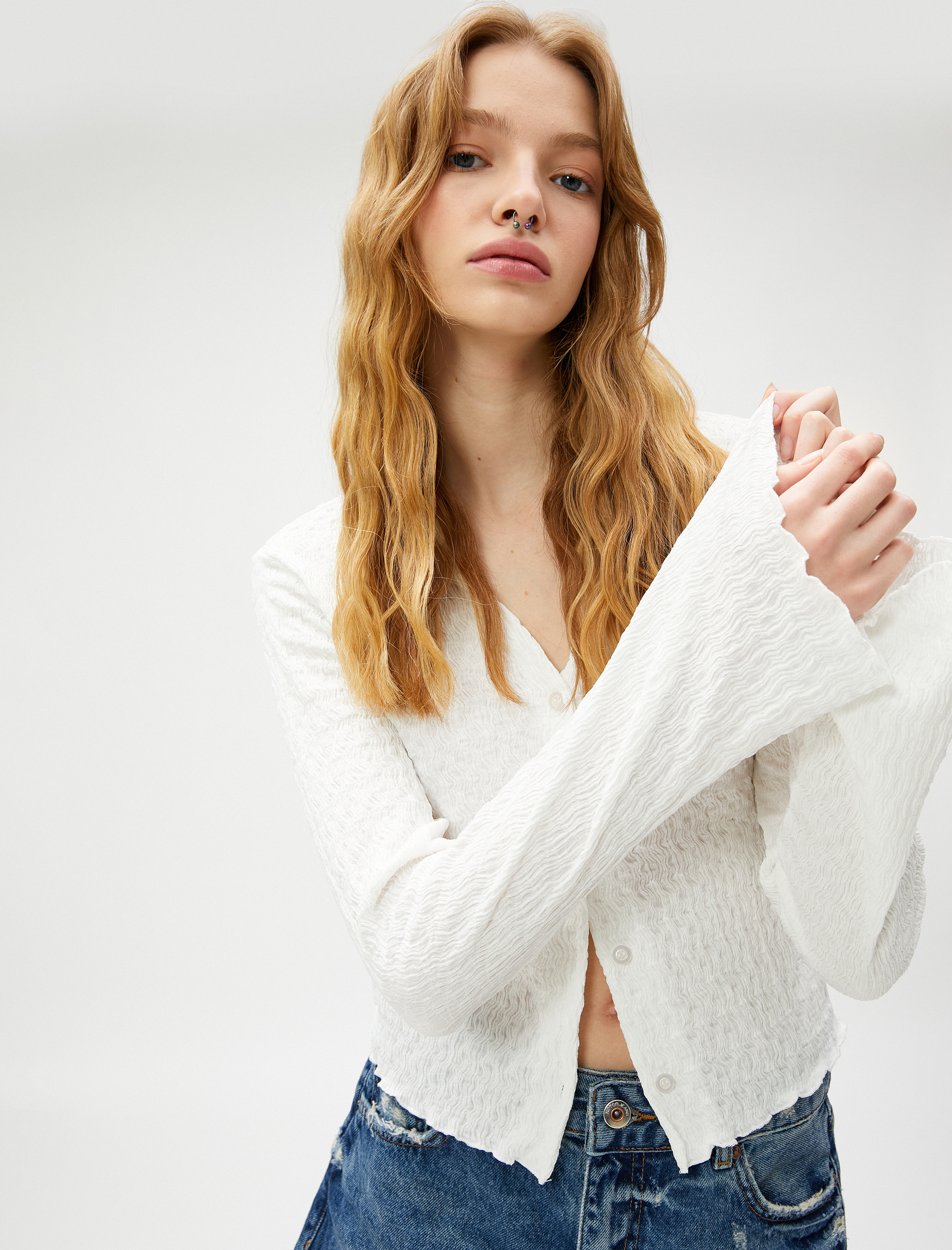   Uzun Kollu Tişört Gömlek Yaka Düğmeli Dokulu Bürümcük