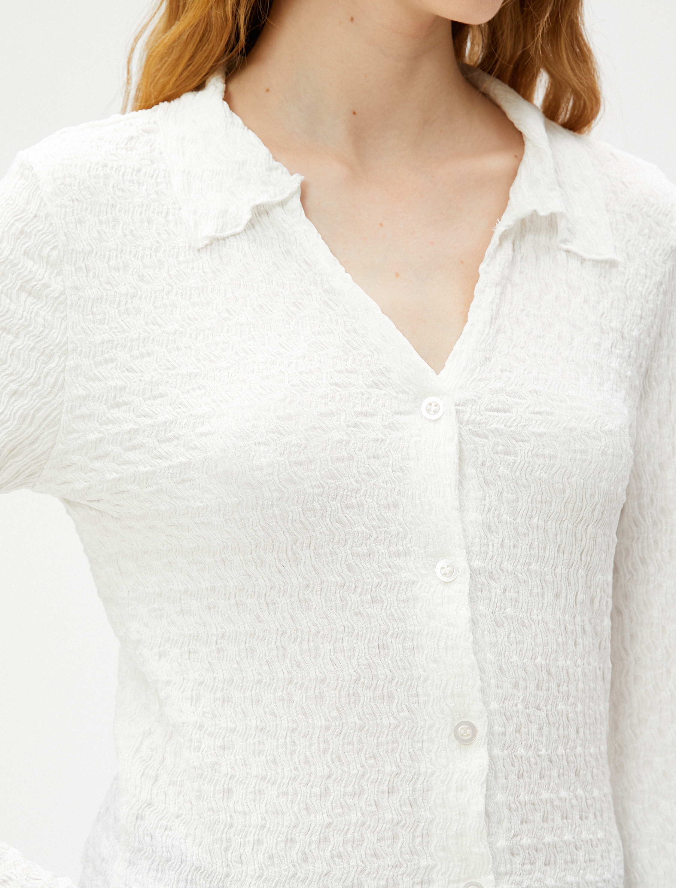   Uzun Kollu Tişört Gömlek Yaka Düğmeli Dokulu Bürümcük