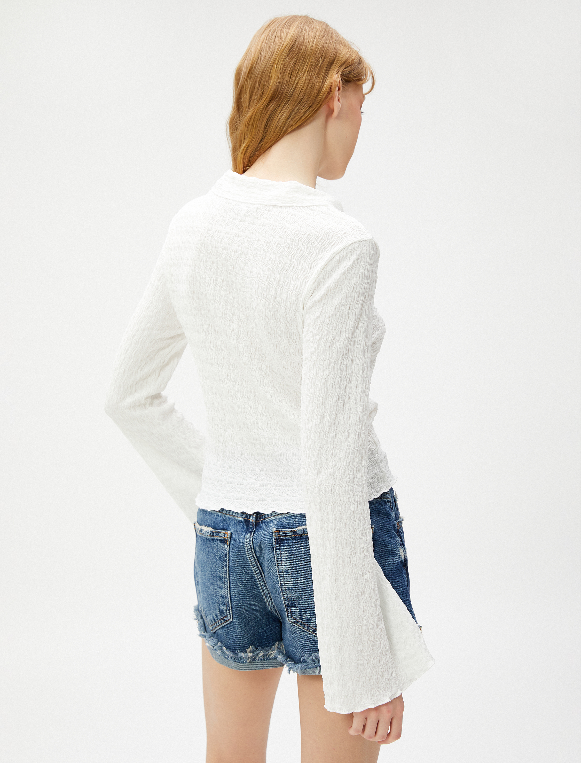   Uzun Kollu Tişört Gömlek Yaka Düğmeli Dokulu Bürümcük