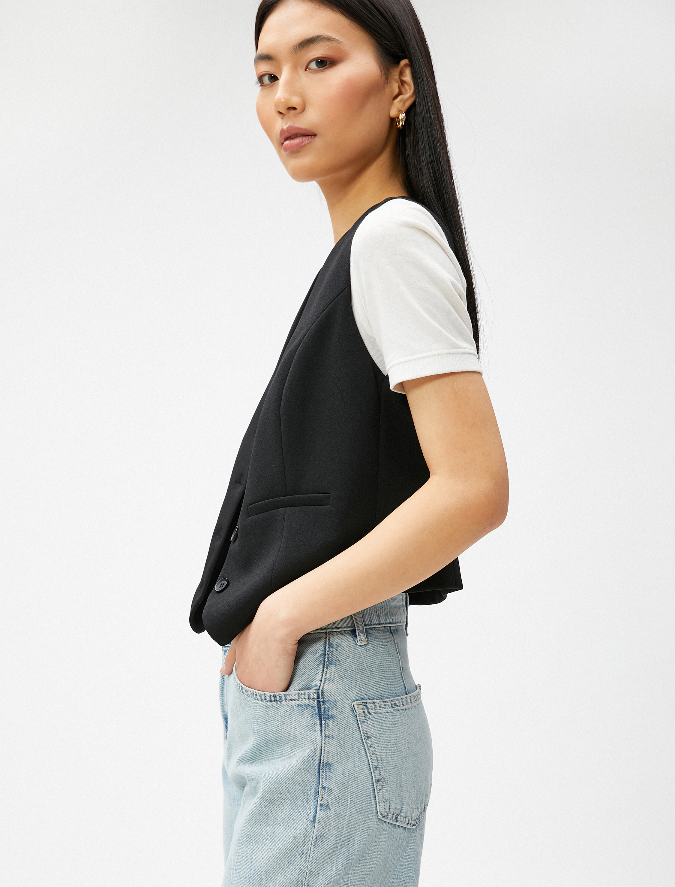   Crop Blazer Yelek Cep Detaylı