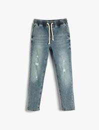 Kot Pantolon Beli Bağlamalı Cepli Pamuklu - Regular Jean Beli Ayarlanabilir Lastikli