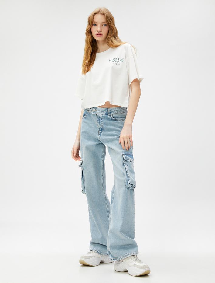  Slogan Baskılı Tişört Bisiklet Yaka Kısa Kollu Pamuklu